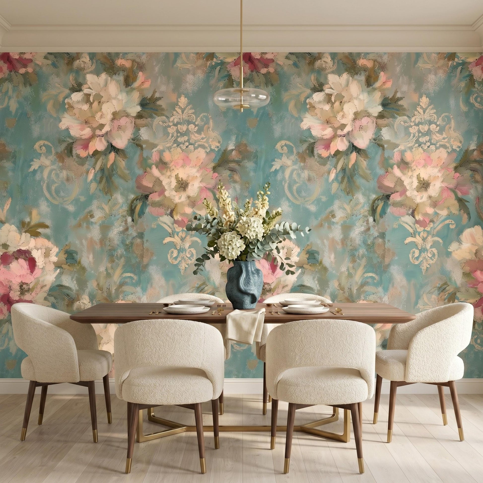 Vintage Oil Painting Floral Wallpaper, Teal Damask Peel and Stick Mural, Elegant Bedroom Decor-WP0145