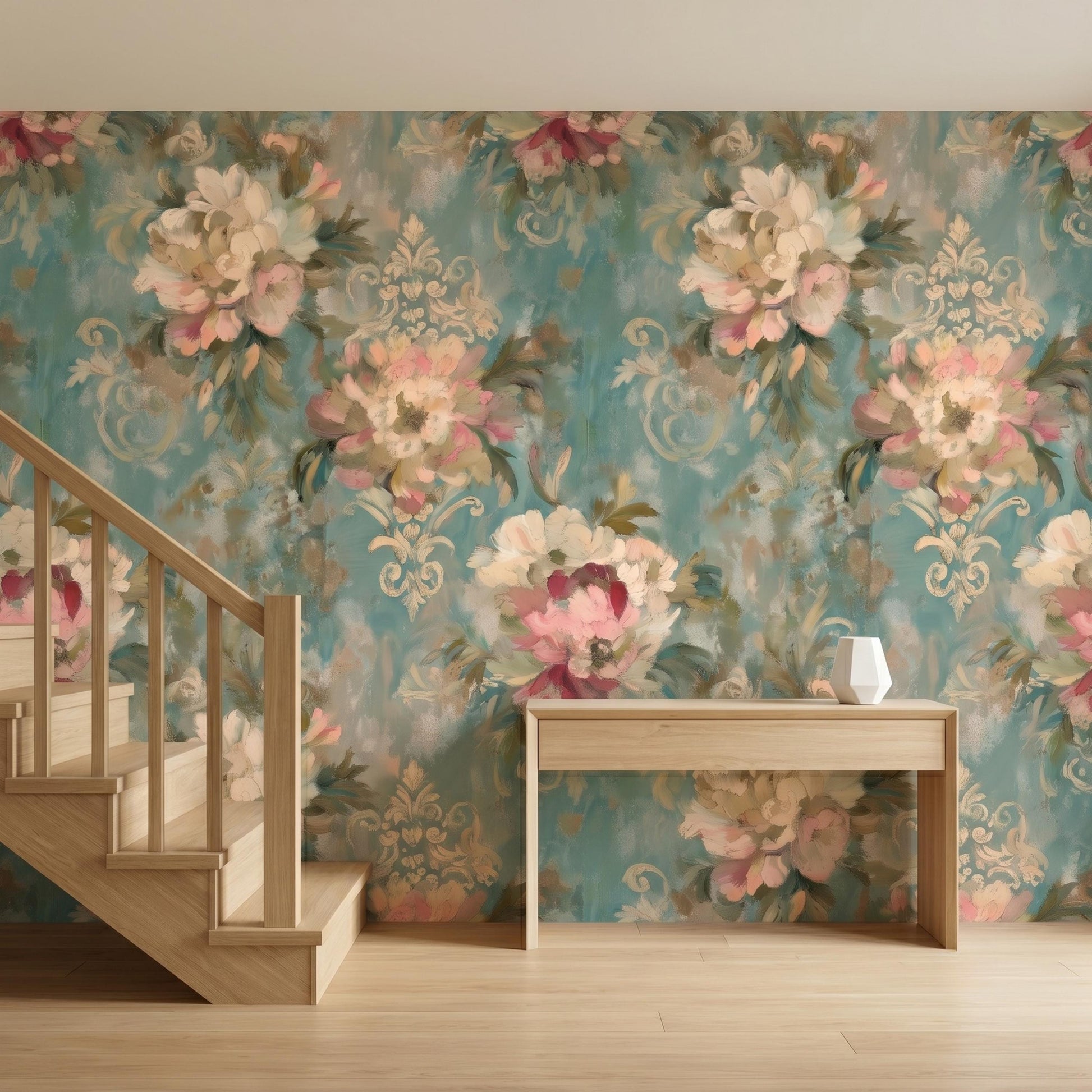 Vintage Oil Painting Floral Wallpaper, Teal Damask Peel and Stick Mural, Elegant Bedroom Decor-WP0145