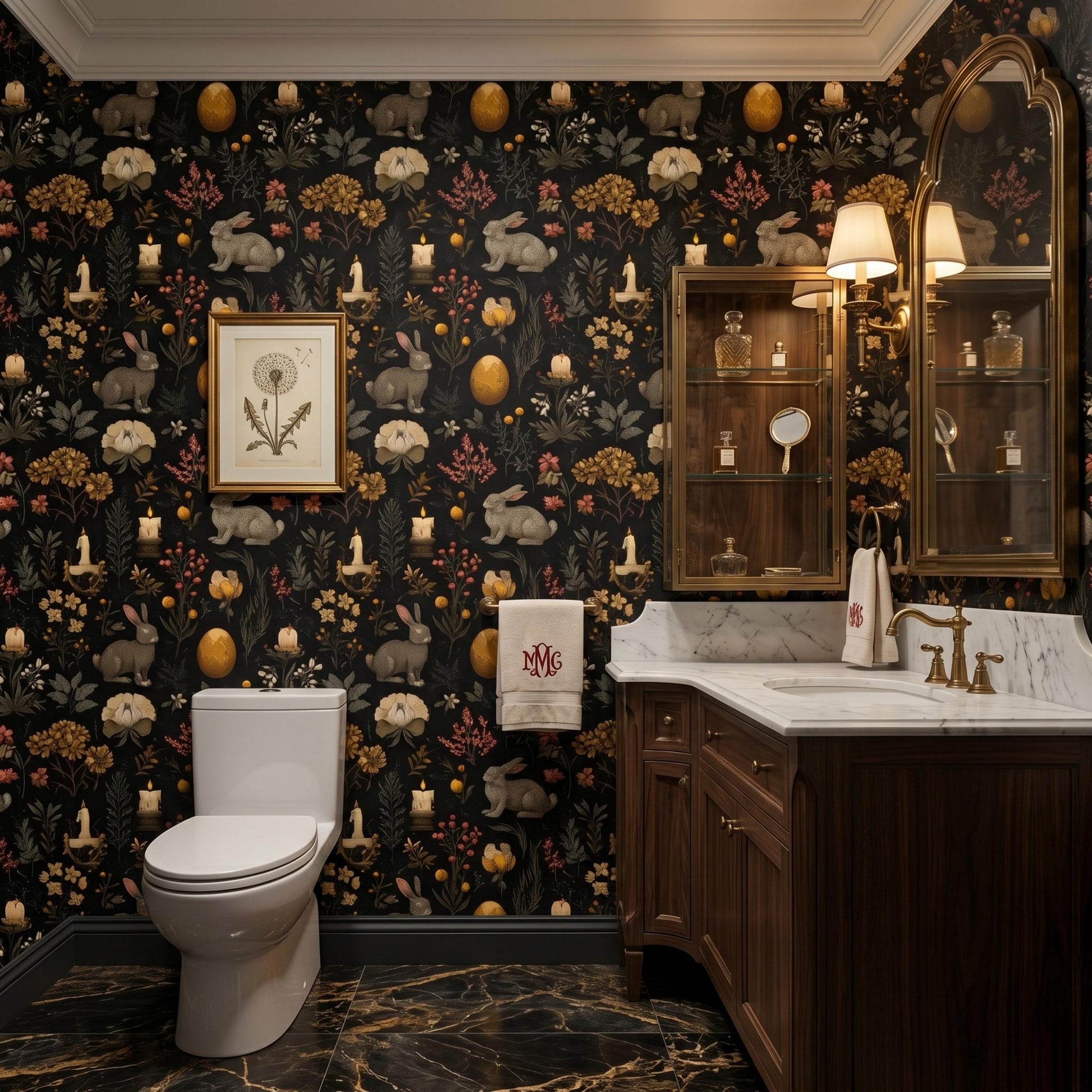 Dark Academia Black and Gold Rabbit Wallpaper, Moody Gothic Botanical Mural, Vintage Victorian Hare, Dark Cottagecore Decor-WP0114