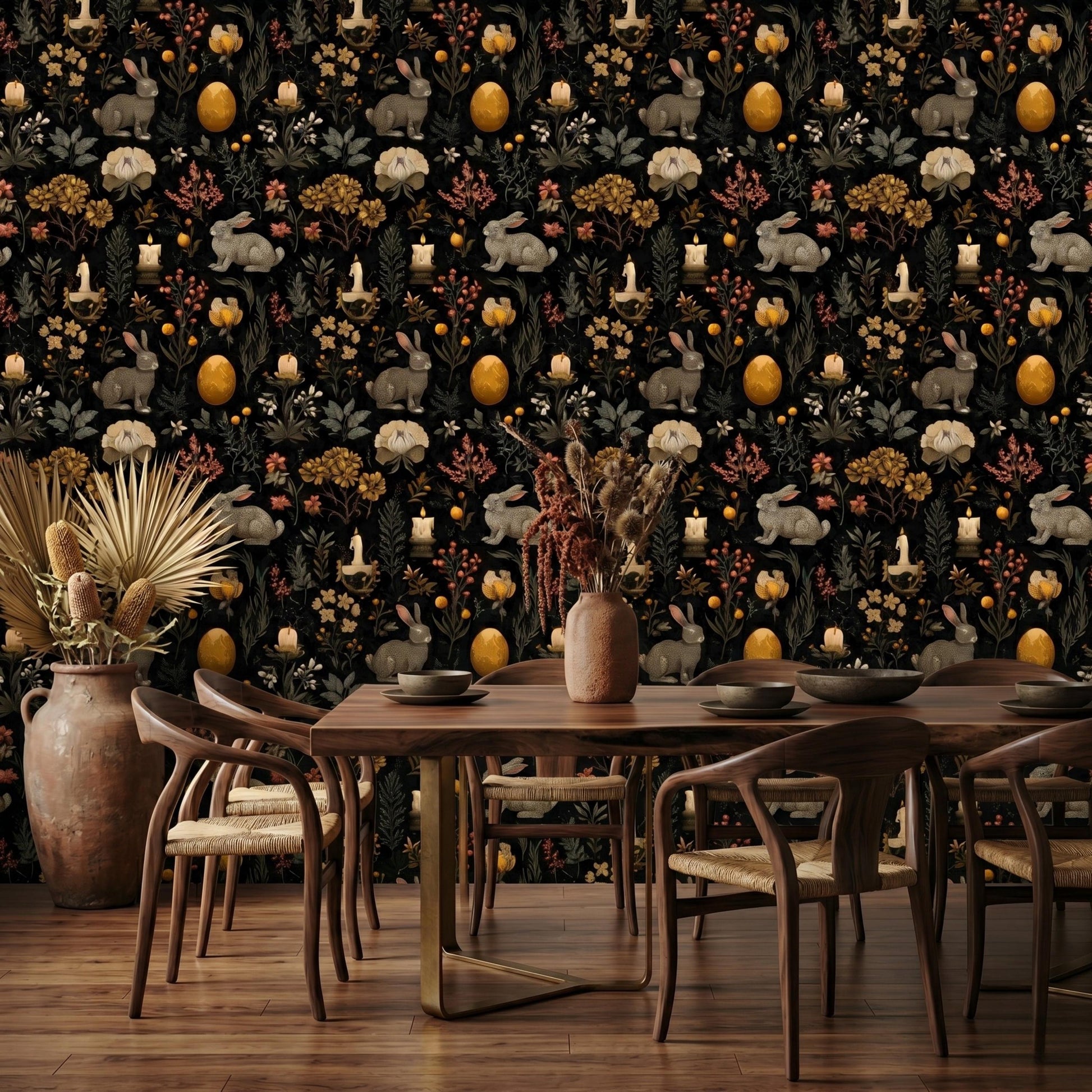 Dark Academia Black and Gold Rabbit Wallpaper, Moody Gothic Botanical Mural, Vintage Victorian Hare, Dark Cottagecore Decor-WP0114