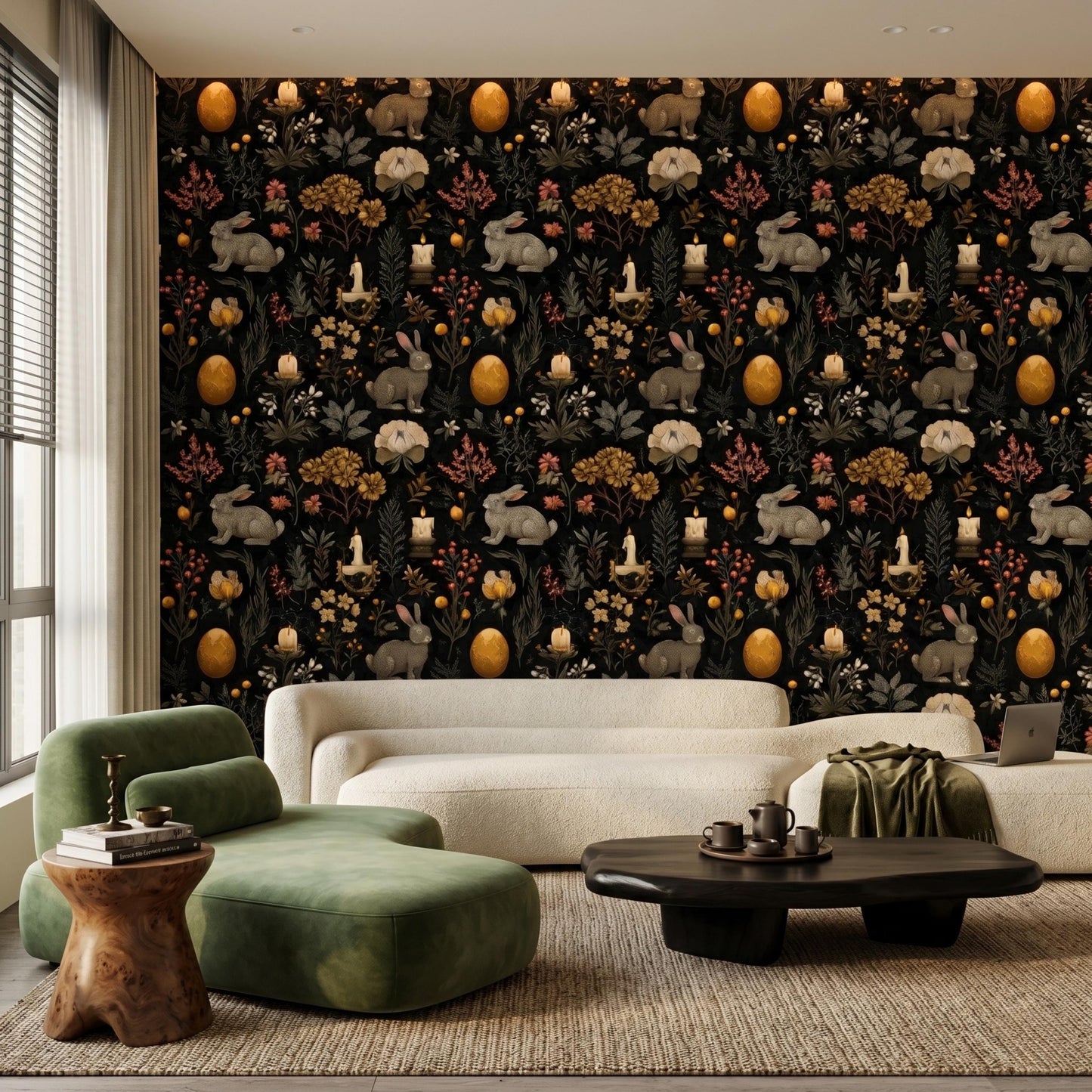 Dark Academia Black and Gold Rabbit Wallpaper, Moody Gothic Botanical Mural, Vintage Victorian Hare, Dark Cottagecore Decor-WP0114