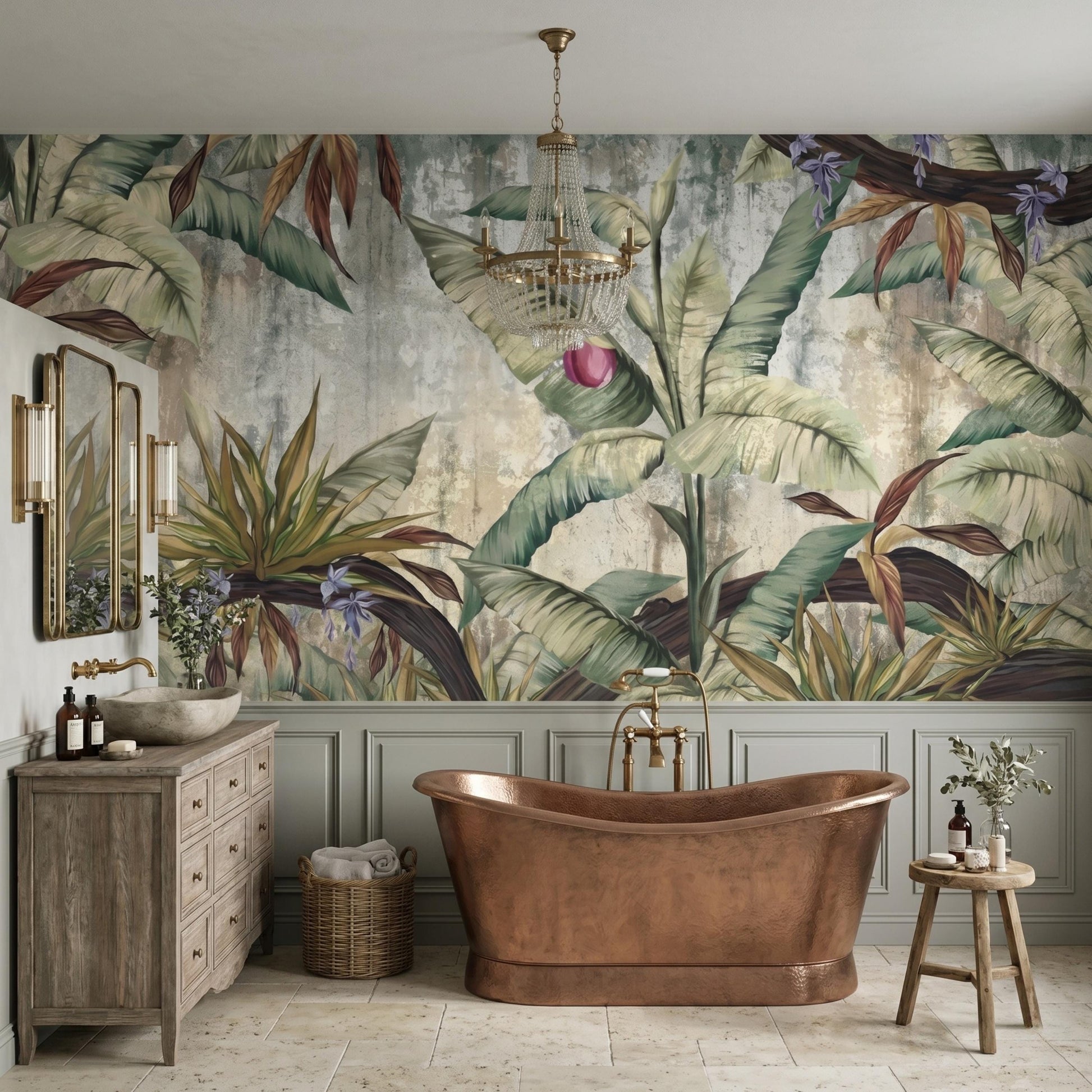 Sage Green Vintage Botanical Wall Mural: Large Tropical Leaf Wallpape-WP0115