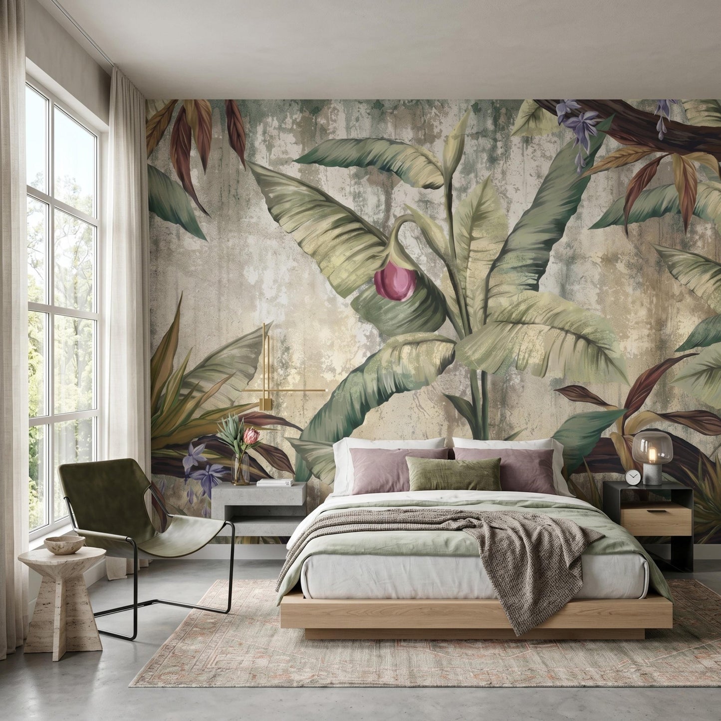 Sage Green Vintage Botanical Wall Mural: Large Tropical Leaf Wallpape-WP0115
