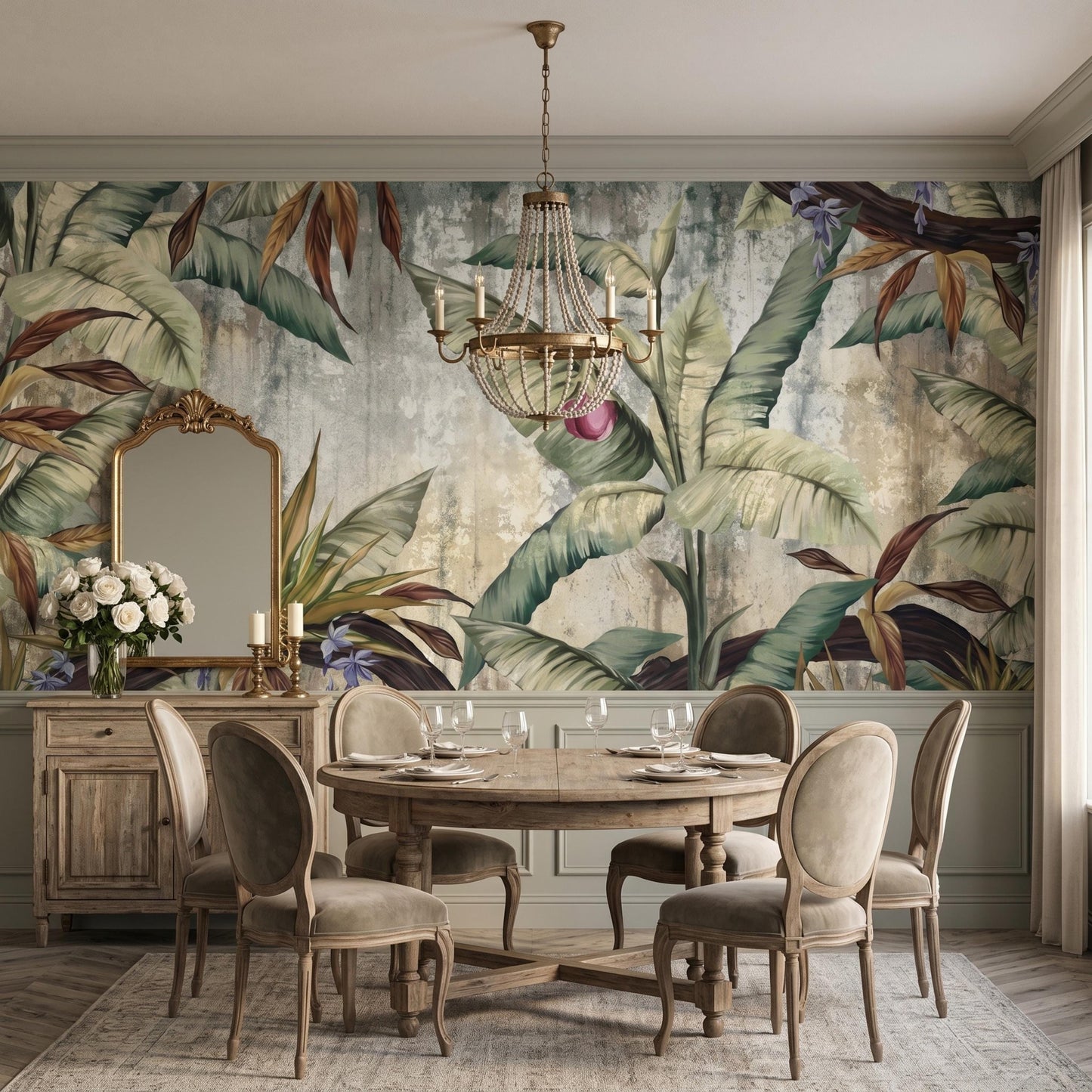Sage Green Vintage Botanical Wall Mural: Large Tropical Leaf Wallpape-WP0115