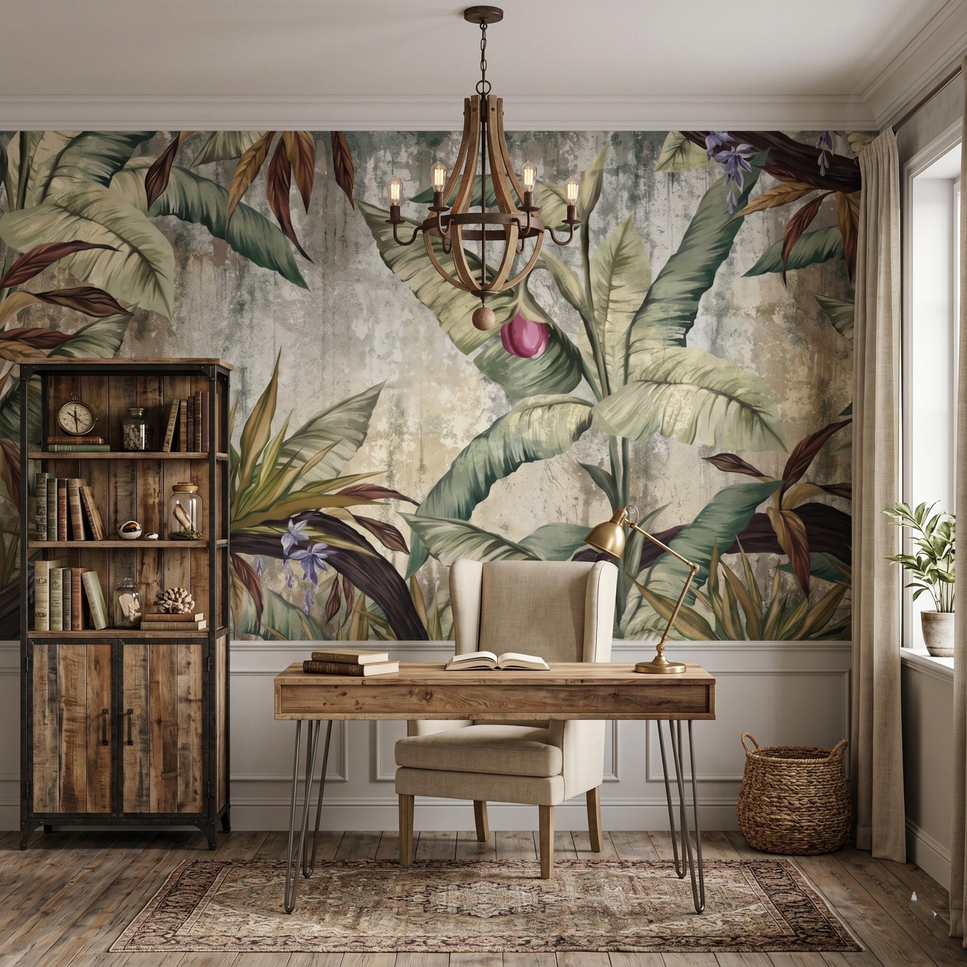 Sage Green Vintage Botanical Wall Mural: Large Tropical Leaf Wallpape-WP0115