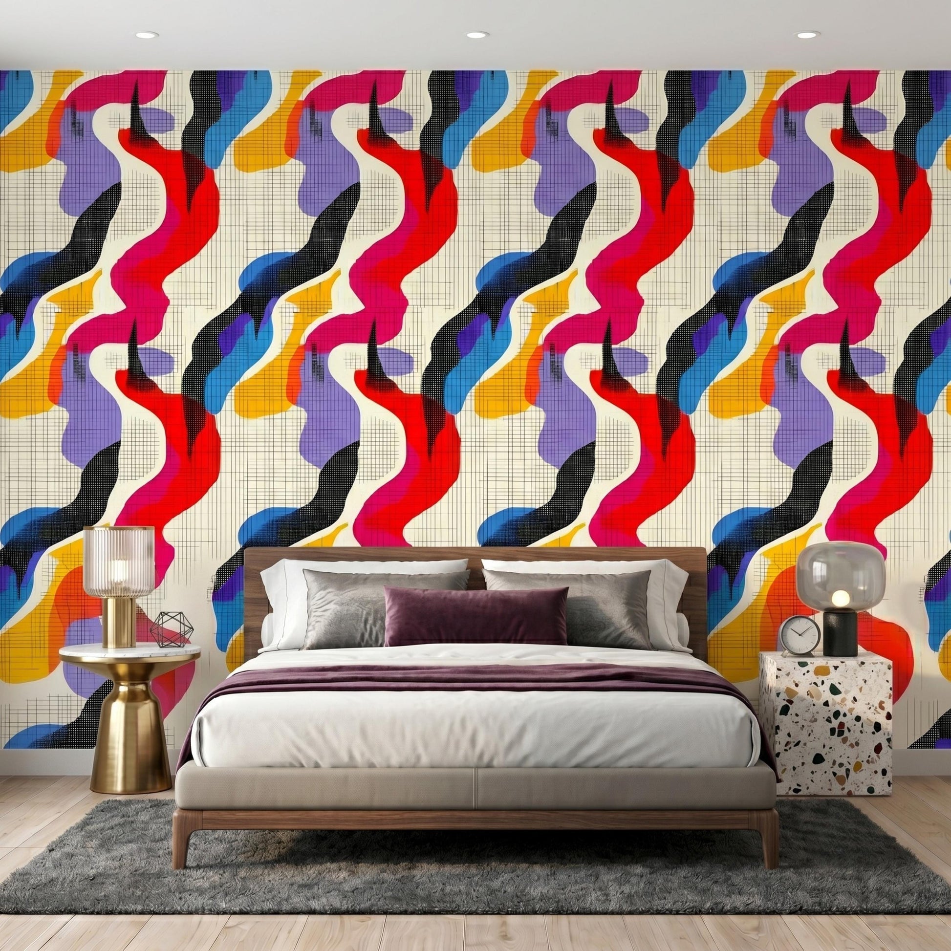 Colorful Abstract Pop Art Wallpaper, Peel and Stick Retro Wall Mural, Funky Memphis Design Room Decor-WP0146