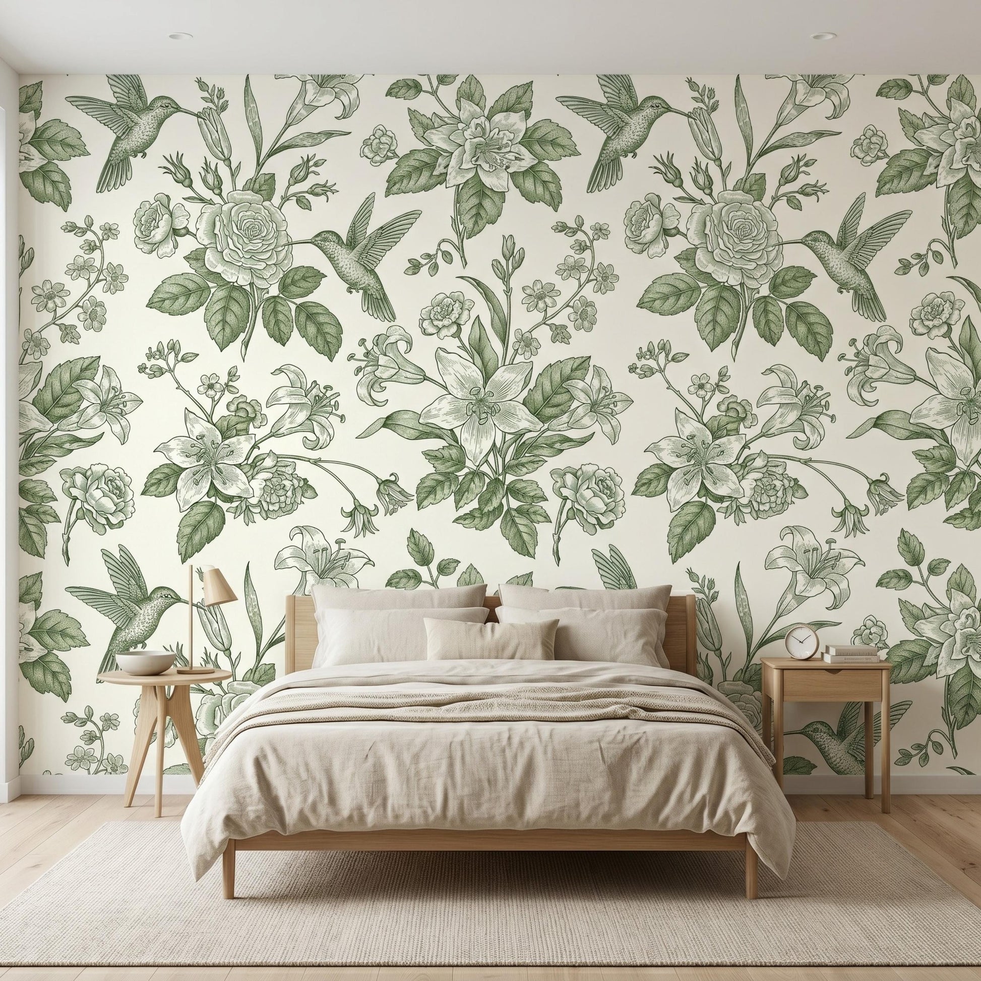 Sage Green Floral Hummingbird Botanical Wallpaper, Vintage Nature Wall Decor, Cottagecore Aesthetic Home Accents-WP0147