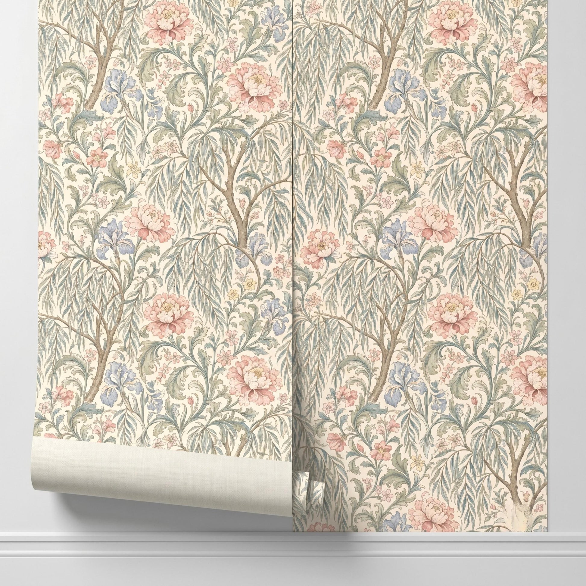 Vintage Floral Peel and Stick Wallpaper, Botanical William Morris Style Removable Wall Mural-WP0148