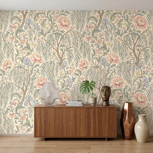 Vintage Floral Peel and Stick Wallpaper, Botanical William Morris Style Removable Wall Mural-WP0148