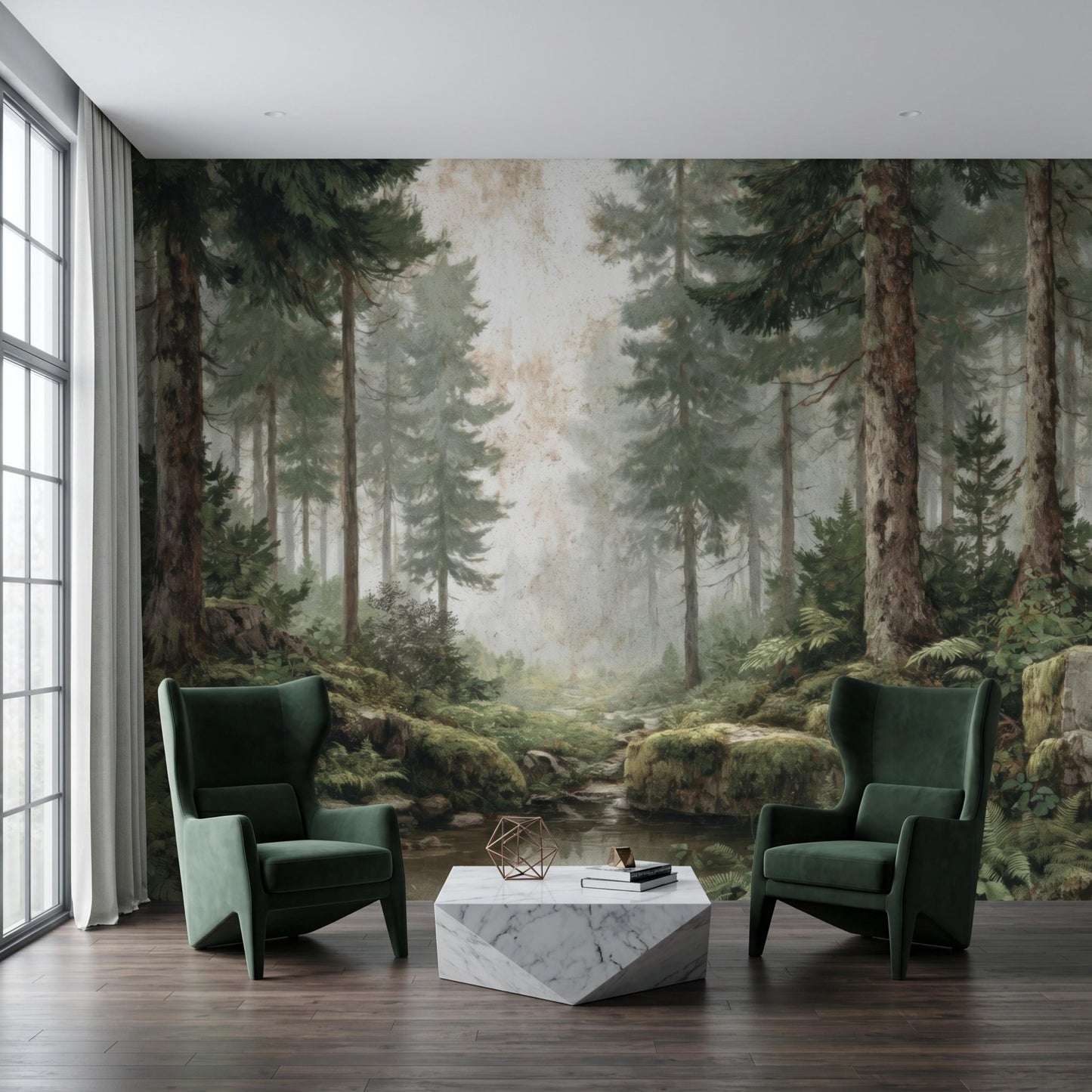Vintage Pine Forest Peel and Stick Wallpaper, Misty Woods Wall Mural, Foggy Tree Nature Wall Art for Living Room, Japandi Decor-WP0118