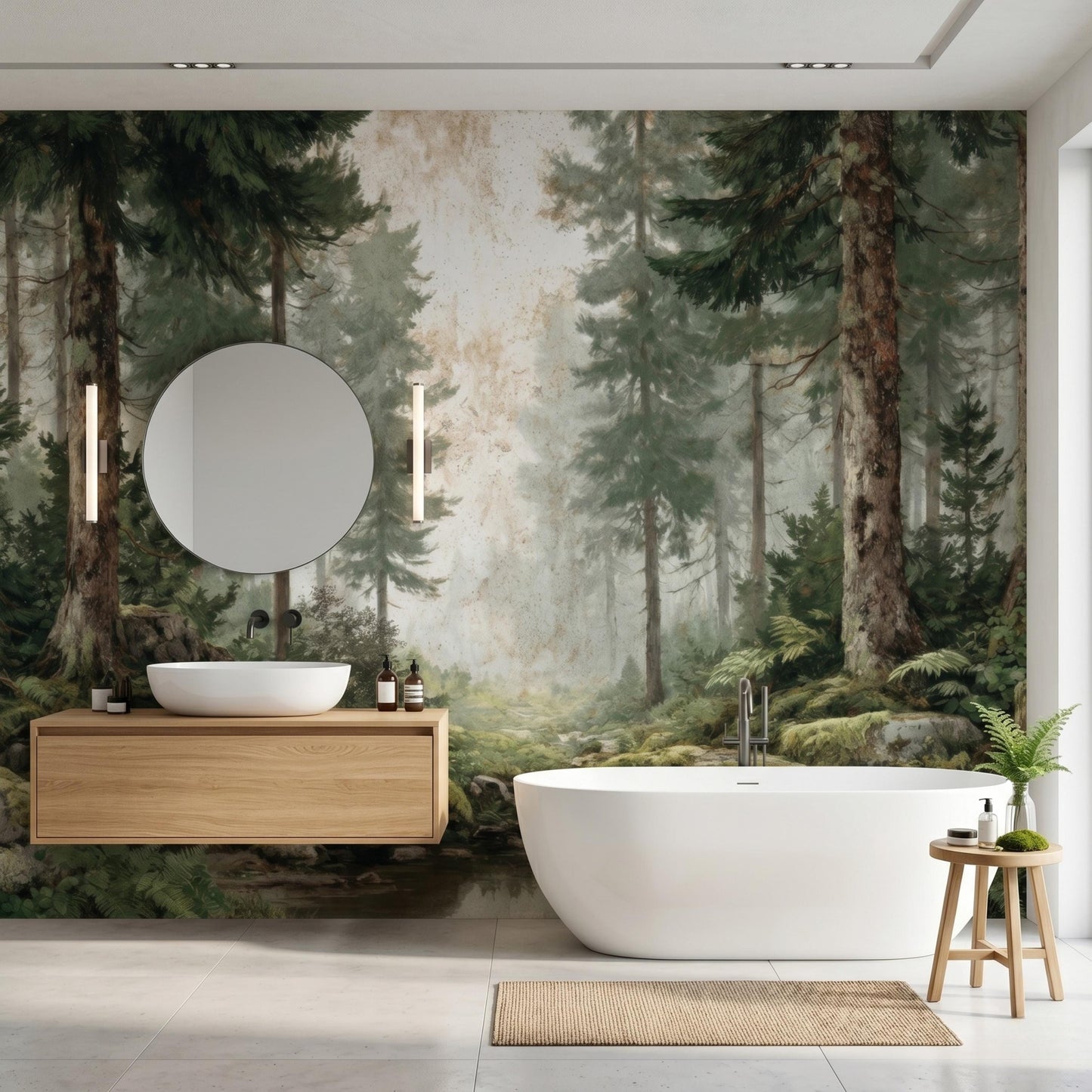 Vintage Pine Forest Peel and Stick Wallpaper, Misty Woods Wall Mural, Foggy Tree Nature Wall Art for Living Room, Japandi Decor-WP0118