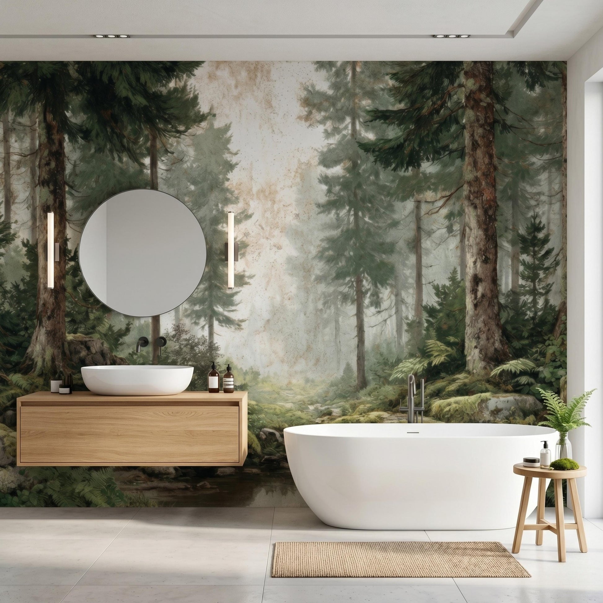 Vintage Pine Forest Peel and Stick Wallpaper, Misty Woods Wall Mural, Foggy Tree Nature Wall Art for Living Room, Japandi Decor-WP0118