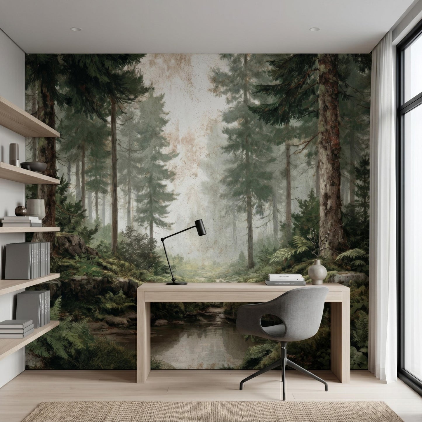 Vintage Pine Forest Peel and Stick Wallpaper, Misty Woods Wall Mural, Foggy Tree Nature Wall Art for Living Room, Japandi Decor-WP0118