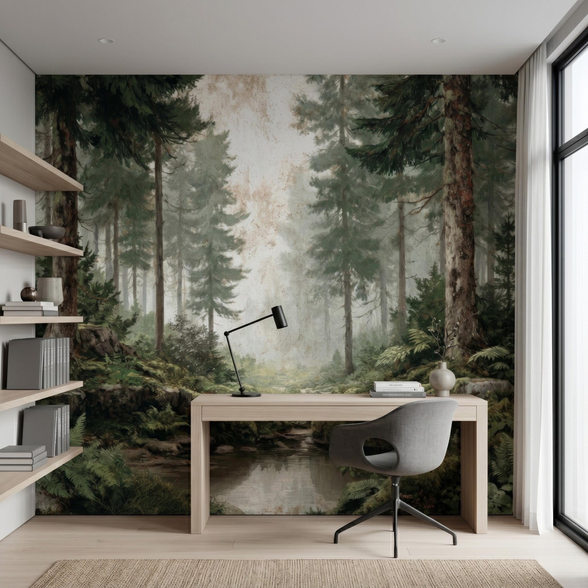 Vintage Pine Forest Peel and Stick Wallpaper, Misty Woods Wall Mural, Foggy Tree Nature Wall Art for Living Room, Japandi Decor-WP0118