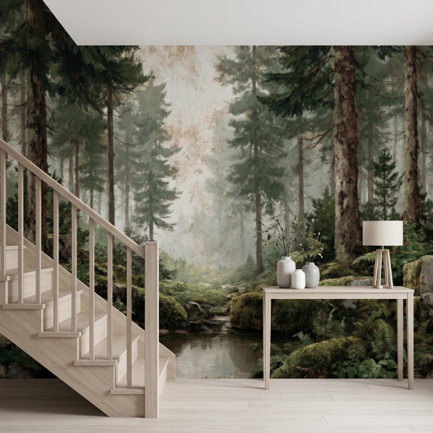 Vintage Pine Forest Peel and Stick Wallpaper, Misty Woods Wall Mural, Foggy Tree Nature Wall Art for Living Room, Japandi Decor-WP0118