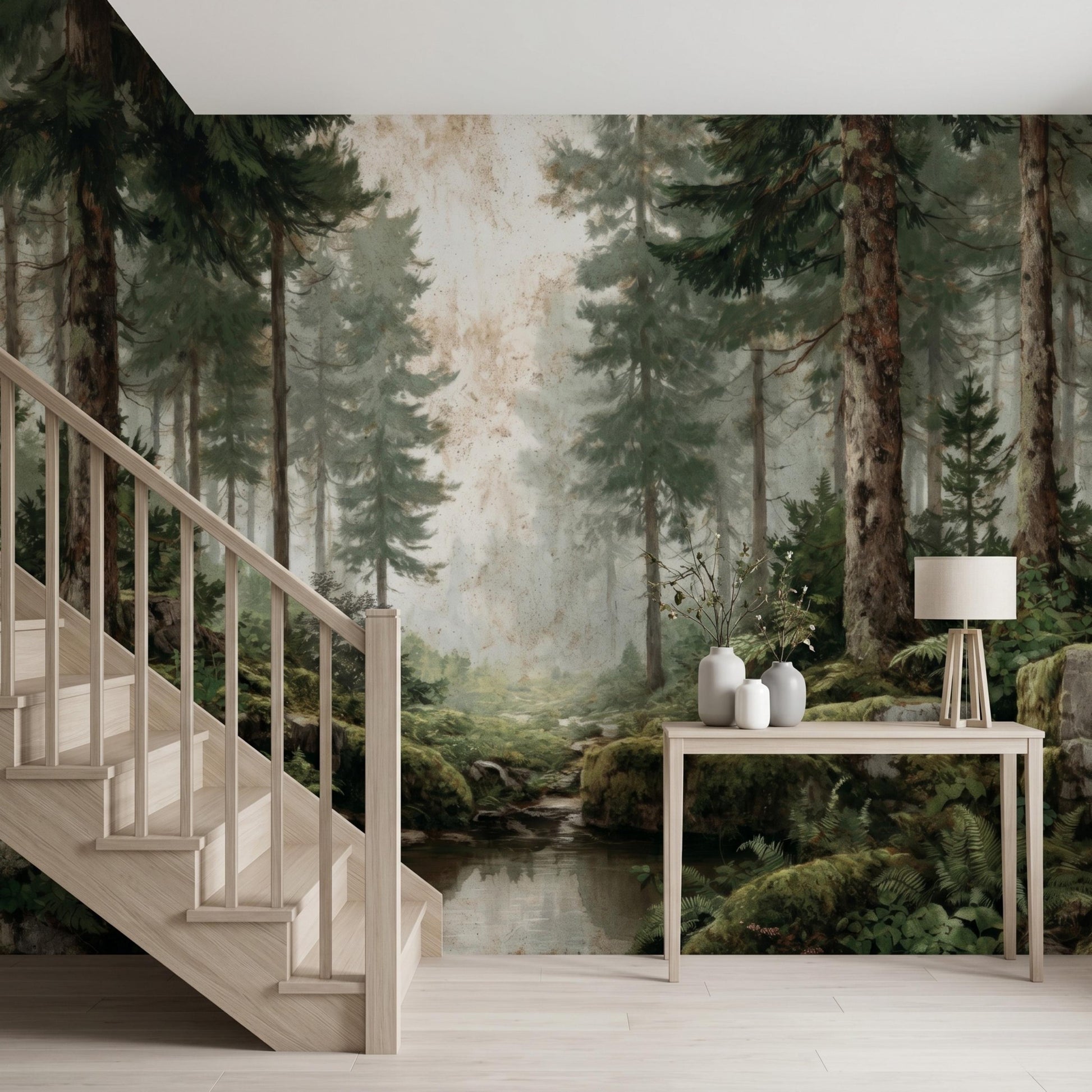 Vintage Pine Forest Peel and Stick Wallpaper, Misty Woods Wall Mural, Foggy Tree Nature Wall Art for Living Room, Japandi Decor-WP0118