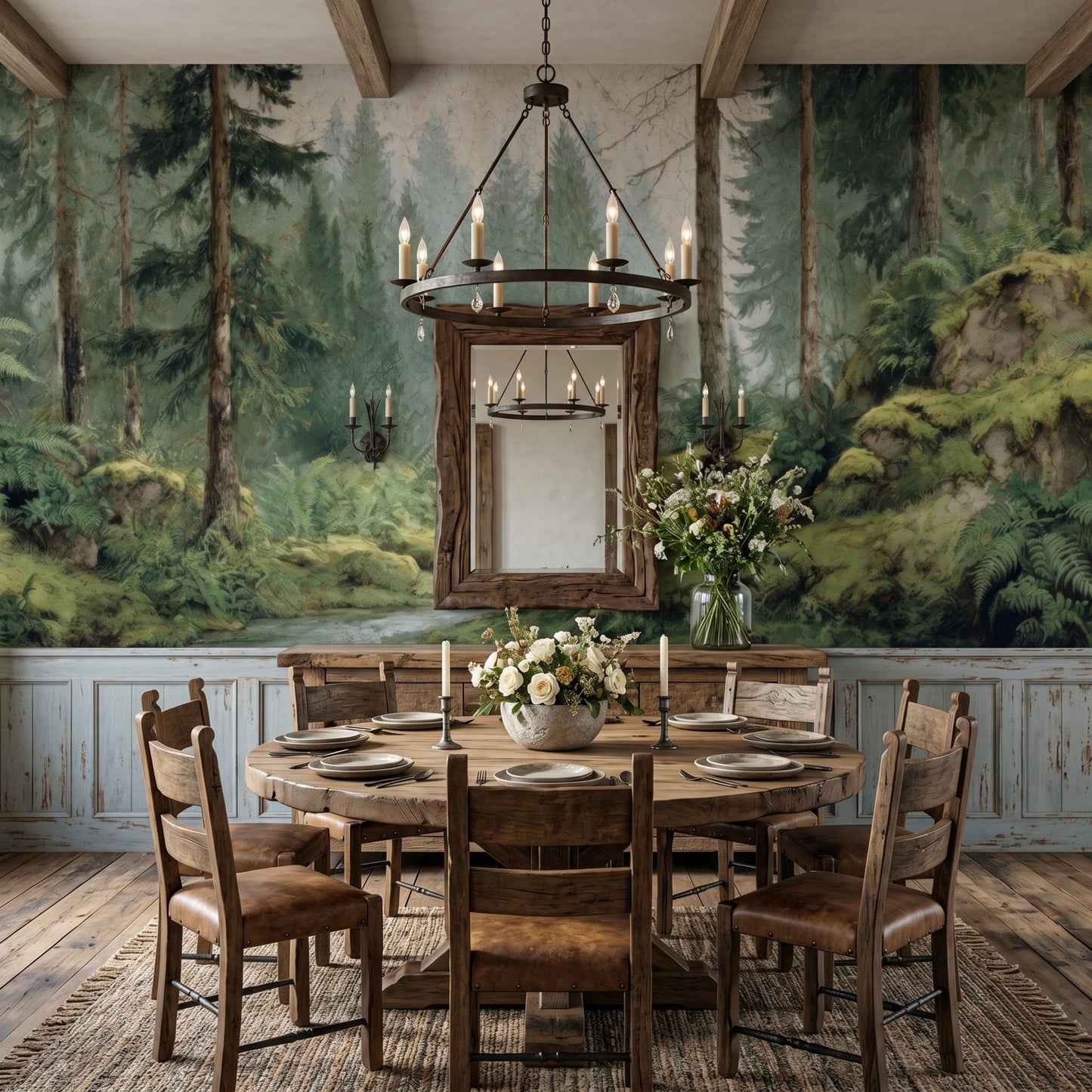 Sage Green Vintage Misty Forest Wall Mural, Nature Inspired Woodland Wallpaper, Moody Pine Tree Decor, Enchanted Landscape Accent-WP0119
