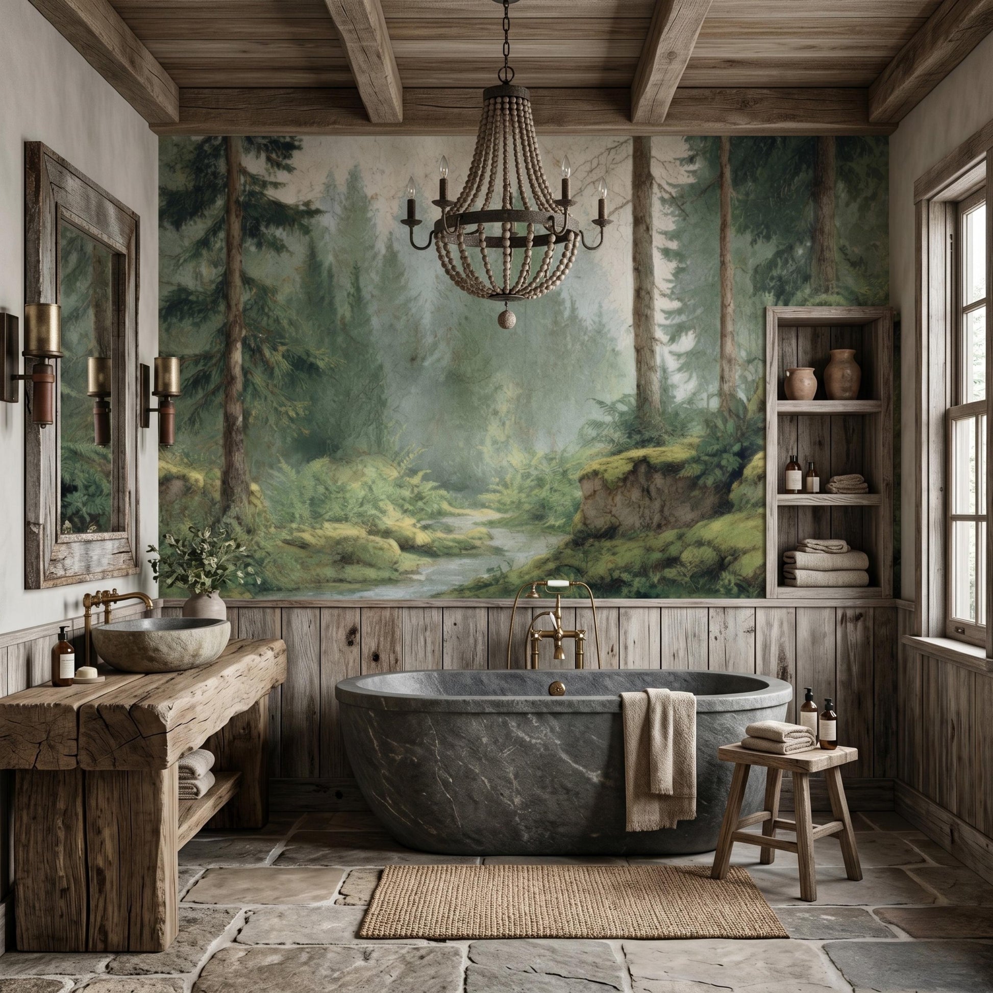 Sage Green Vintage Misty Forest Wall Mural, Nature Inspired Woodland Wallpaper, Moody Pine Tree Decor, Enchanted Landscape Accent-WP0119