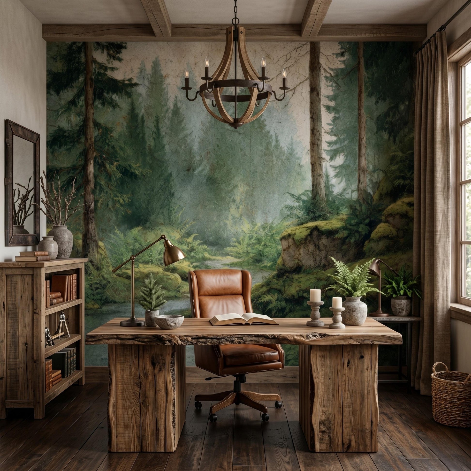 Sage Green Vintage Misty Forest Wall Mural, Nature Inspired Woodland Wallpaper, Moody Pine Tree Decor, Enchanted Landscape Accent-WP0119