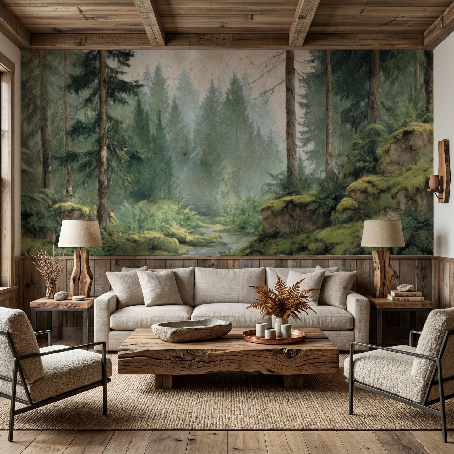 Sage Green Vintage Misty Forest Wall Mural, Nature Inspired Woodland Wallpaper, Moody Pine Tree Decor, Enchanted Landscape Accent-WP0119