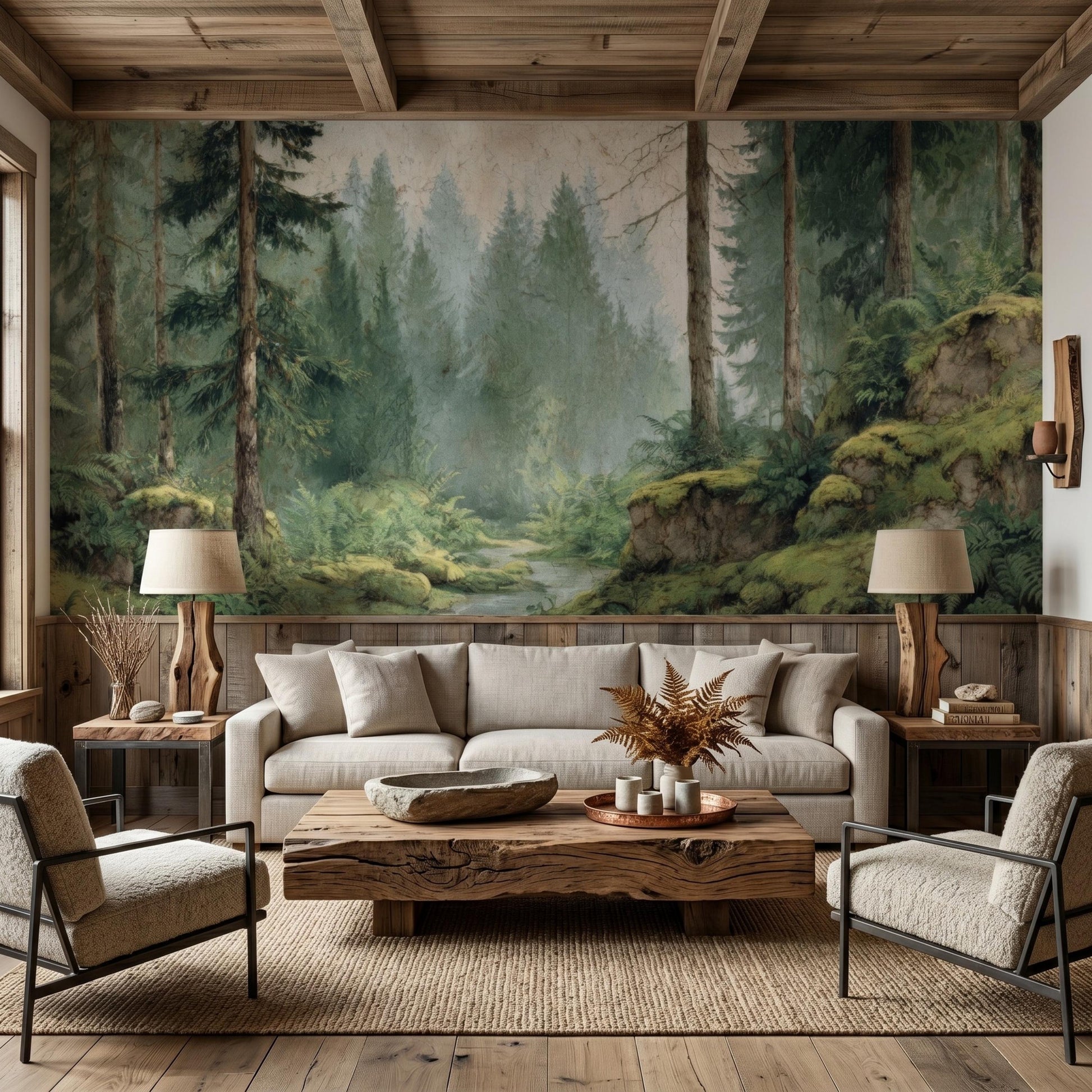 Sage Green Vintage Misty Forest Wall Mural, Nature Inspired Woodland Wallpaper, Moody Pine Tree Decor, Enchanted Landscape Accent-WP0119