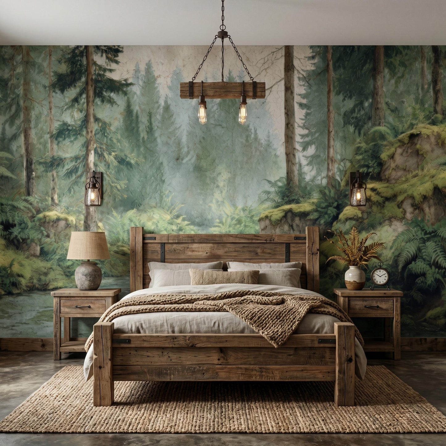Sage Green Vintage Misty Forest Wall Mural, Nature Inspired Woodland Wallpaper, Moody Pine Tree Decor, Enchanted Landscape Accent-WP0119