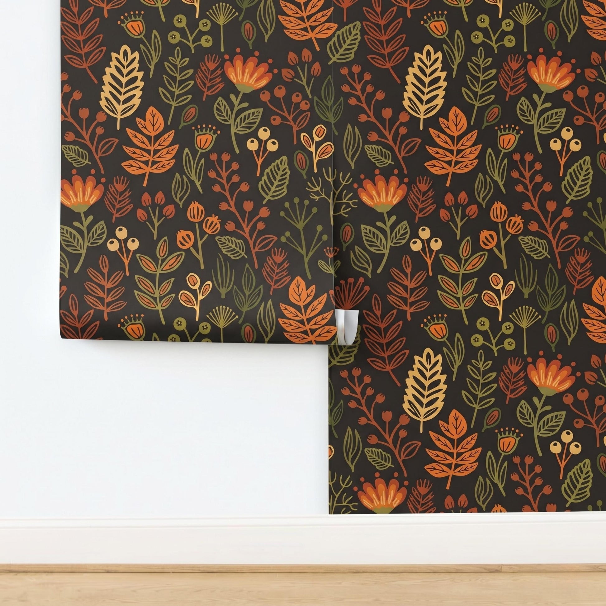 Dark Autumn Botanical Wallpaper, Retro Floral Peel and Stick Kitchen Backsplash-WP0149
