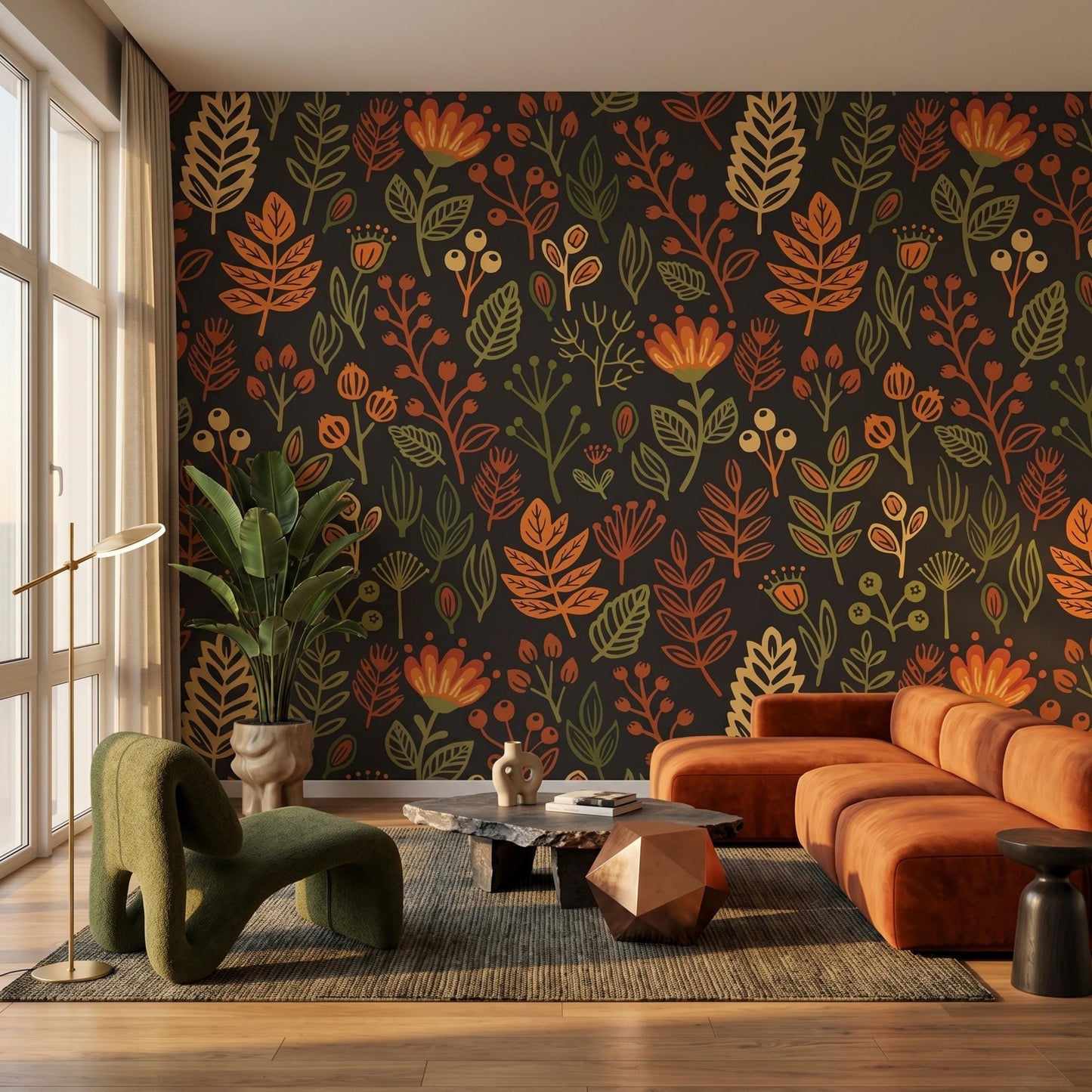 Dark Autumn Botanical Wallpaper, Retro Floral Peel and Stick Kitchen Backsplash-WP0149