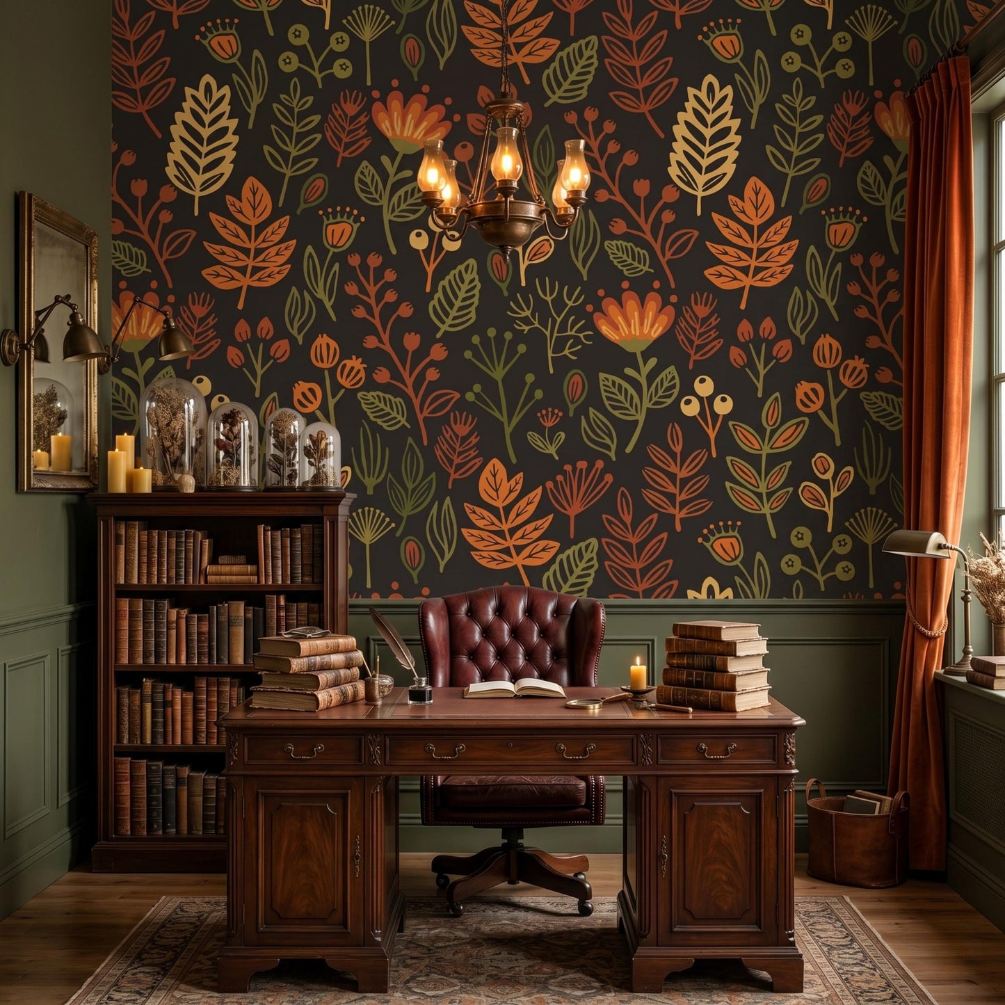 Dark Autumn Botanical Wallpaper, Retro Floral Peel and Stick Kitchen Backsplash-WP0149