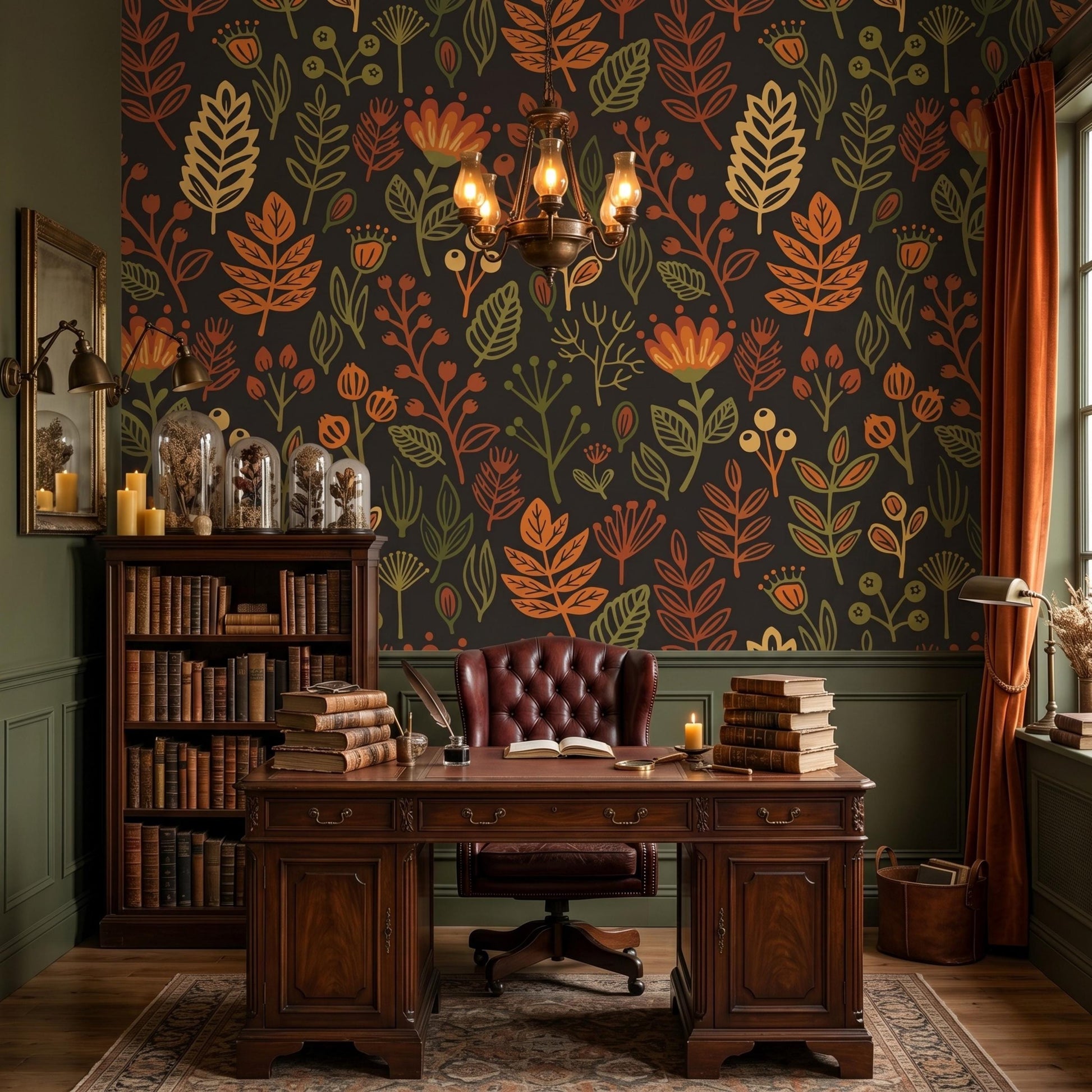 Dark Autumn Botanical Wallpaper, Retro Floral Peel and Stick Kitchen Backsplash-WP0149