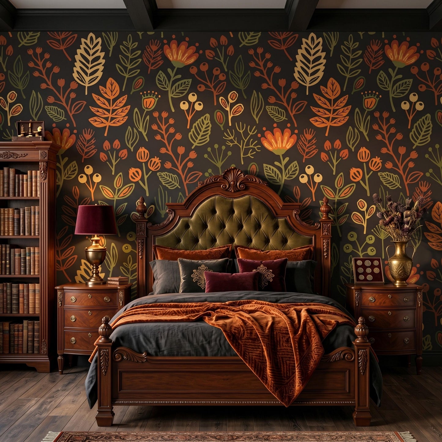 Dark Autumn Botanical Wallpaper, Retro Floral Peel and Stick Kitchen Backsplash-WP0149
