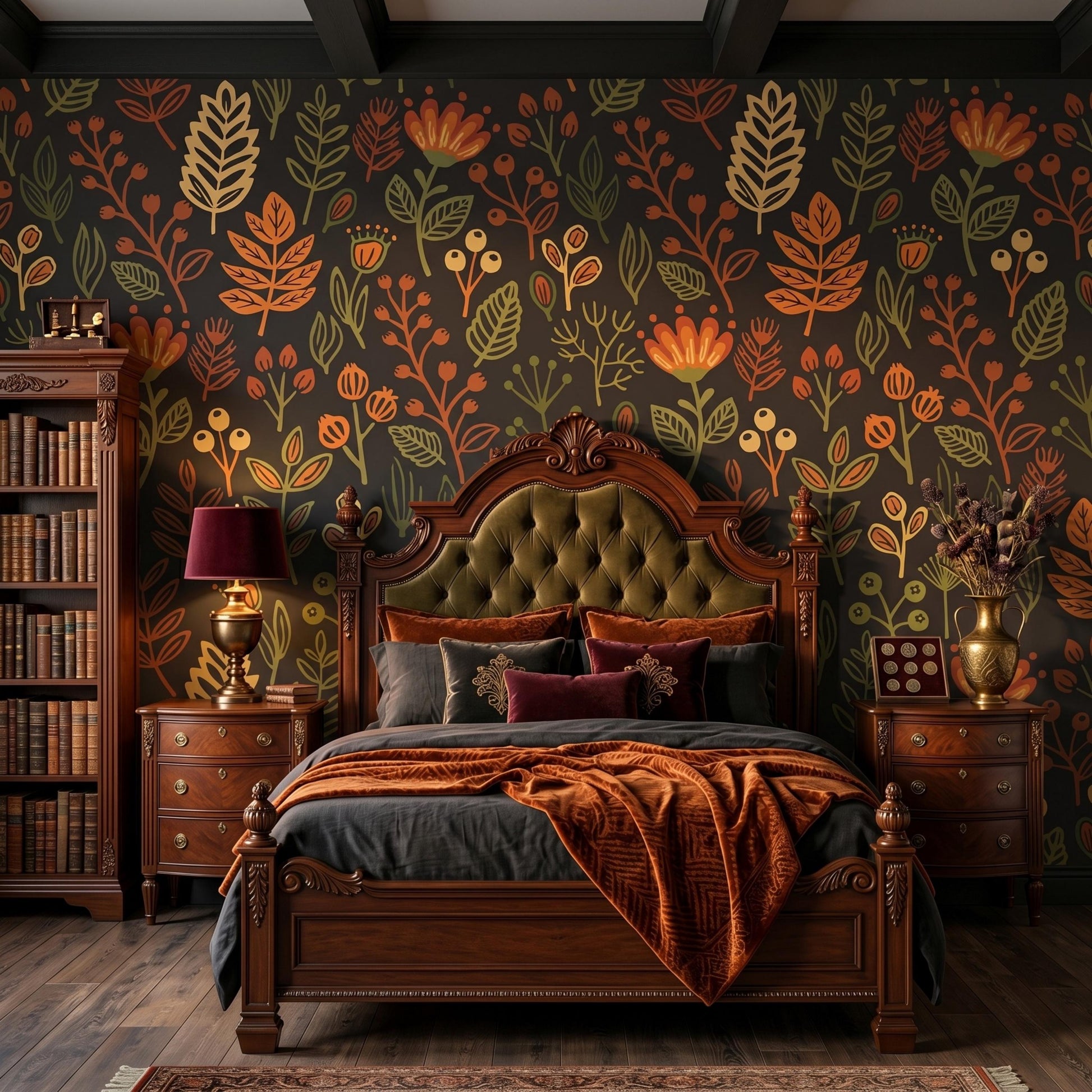 Dark Autumn Botanical Wallpaper, Retro Floral Peel and Stick Kitchen Backsplash-WP0149