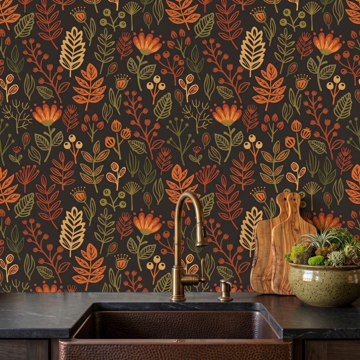 Dark Autumn Botanical Wallpaper, Retro Floral Peel and Stick Kitchen Backsplash-WP0149