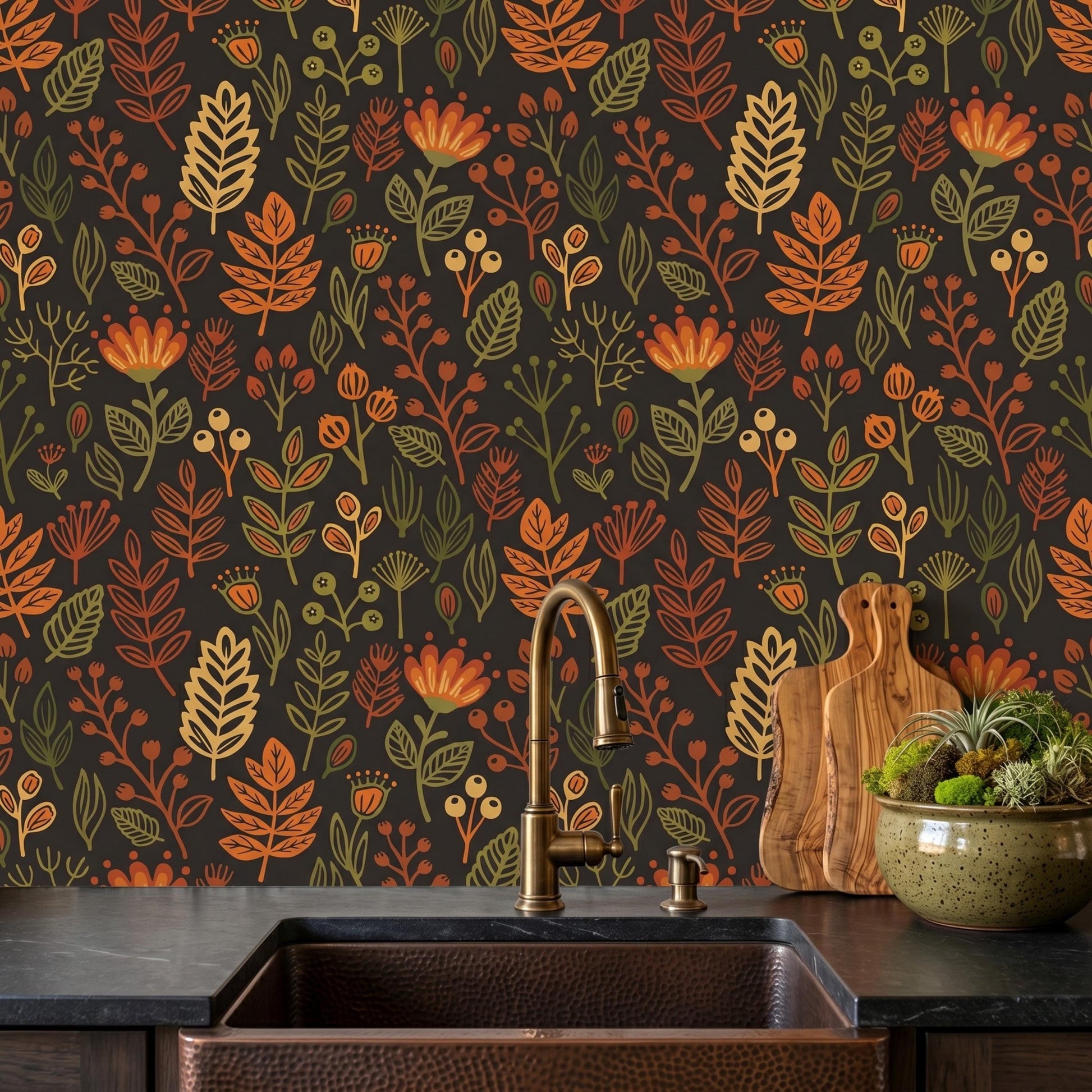 Dark Autumn Botanical Wallpaper, Retro Floral Peel and Stick Kitchen Backsplash-WP0149