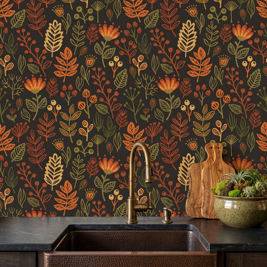 Dark Autumn Botanical Wallpaper, Retro Floral Peel and Stick Kitchen Backsplash-WP0149