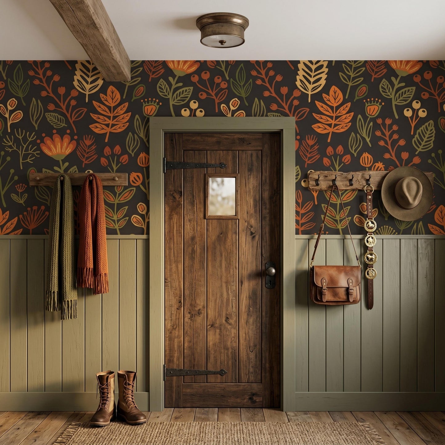 Dark Autumn Botanical Wallpaper, Retro Floral Peel and Stick Kitchen Backsplash-WP0149