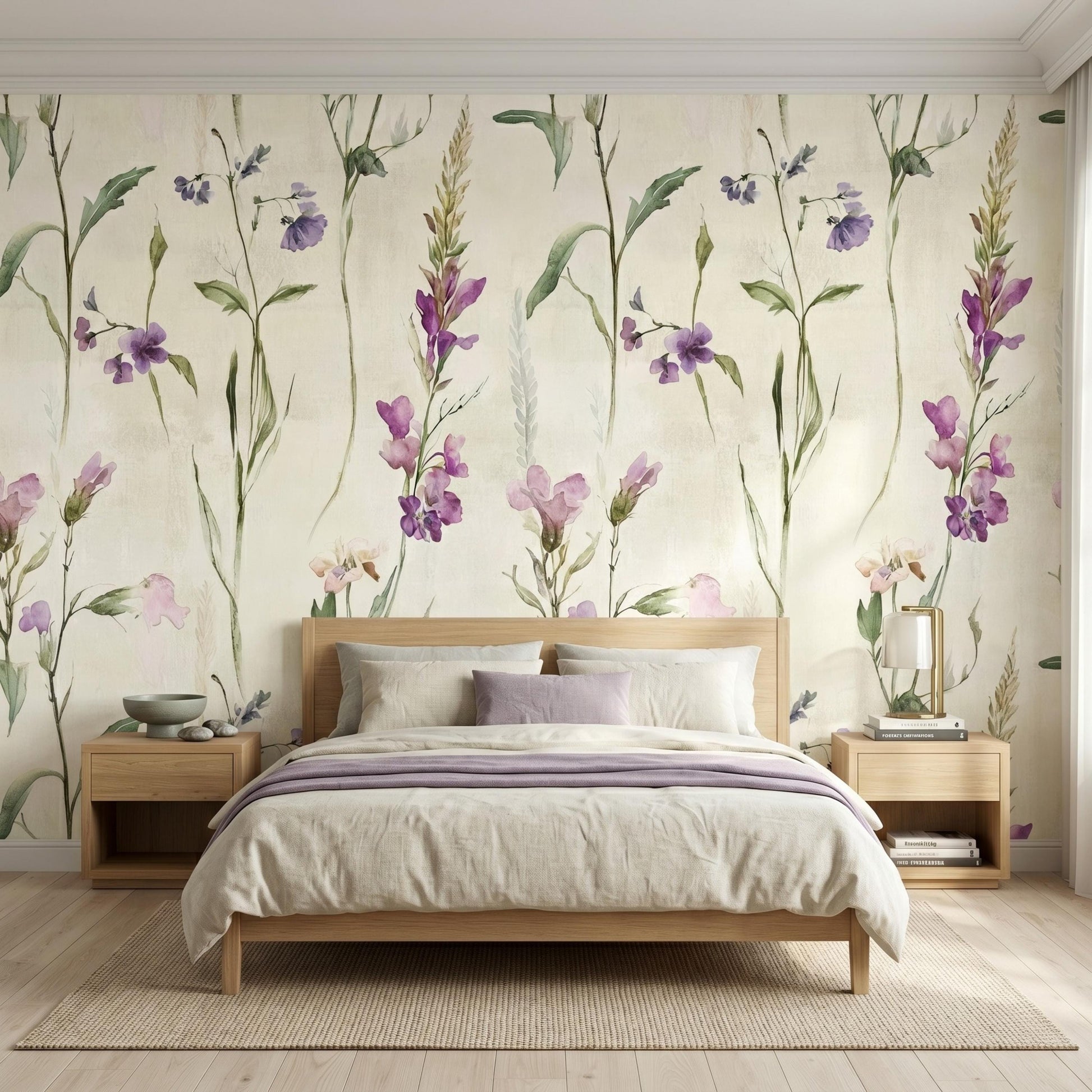 Watercolor Wildflower Peel and Stick Wallpaper, Purple Floral Wall Mural Removable-WP0150