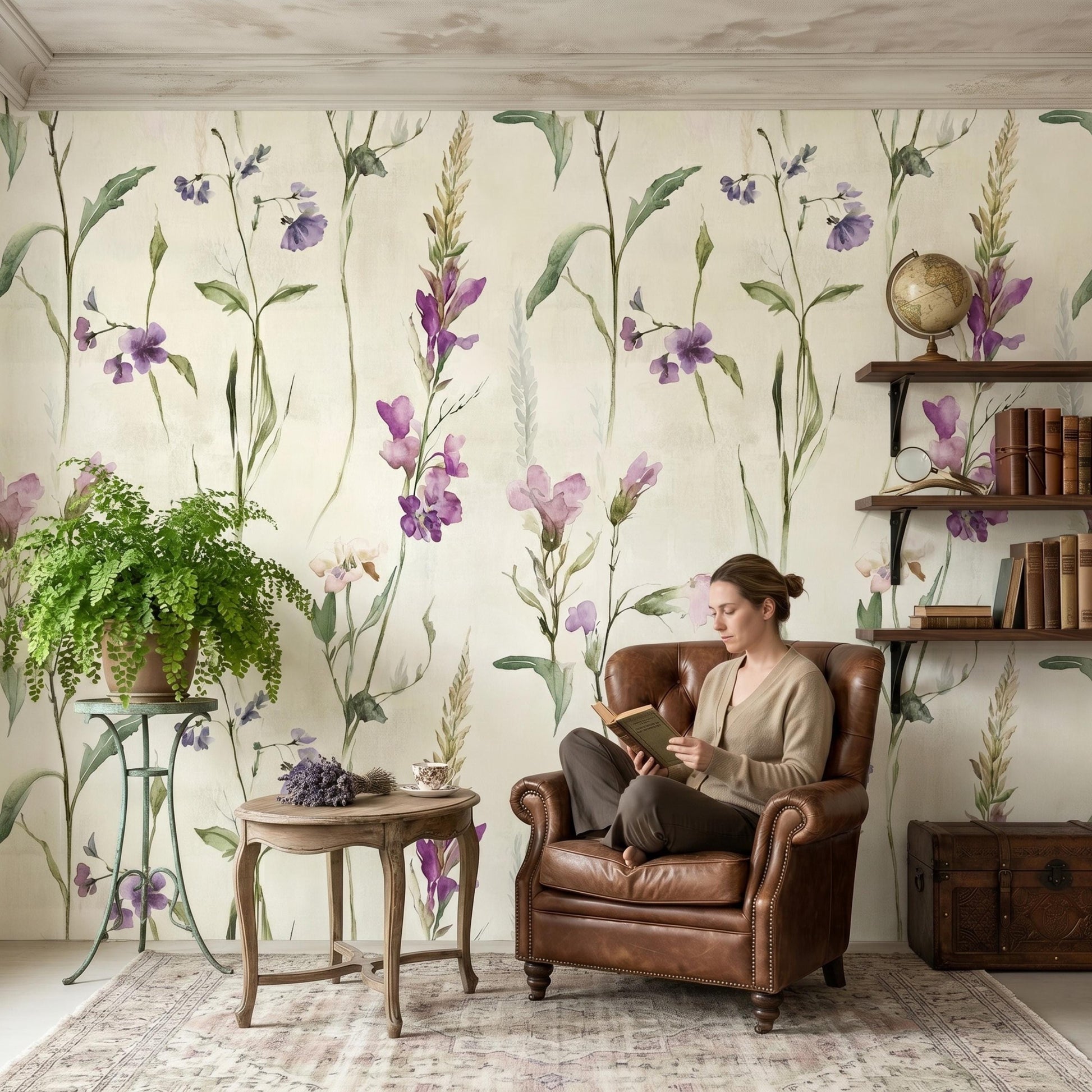 Watercolor Wildflower Peel and Stick Wallpaper, Purple Floral Wall Mural Removable-WP0150