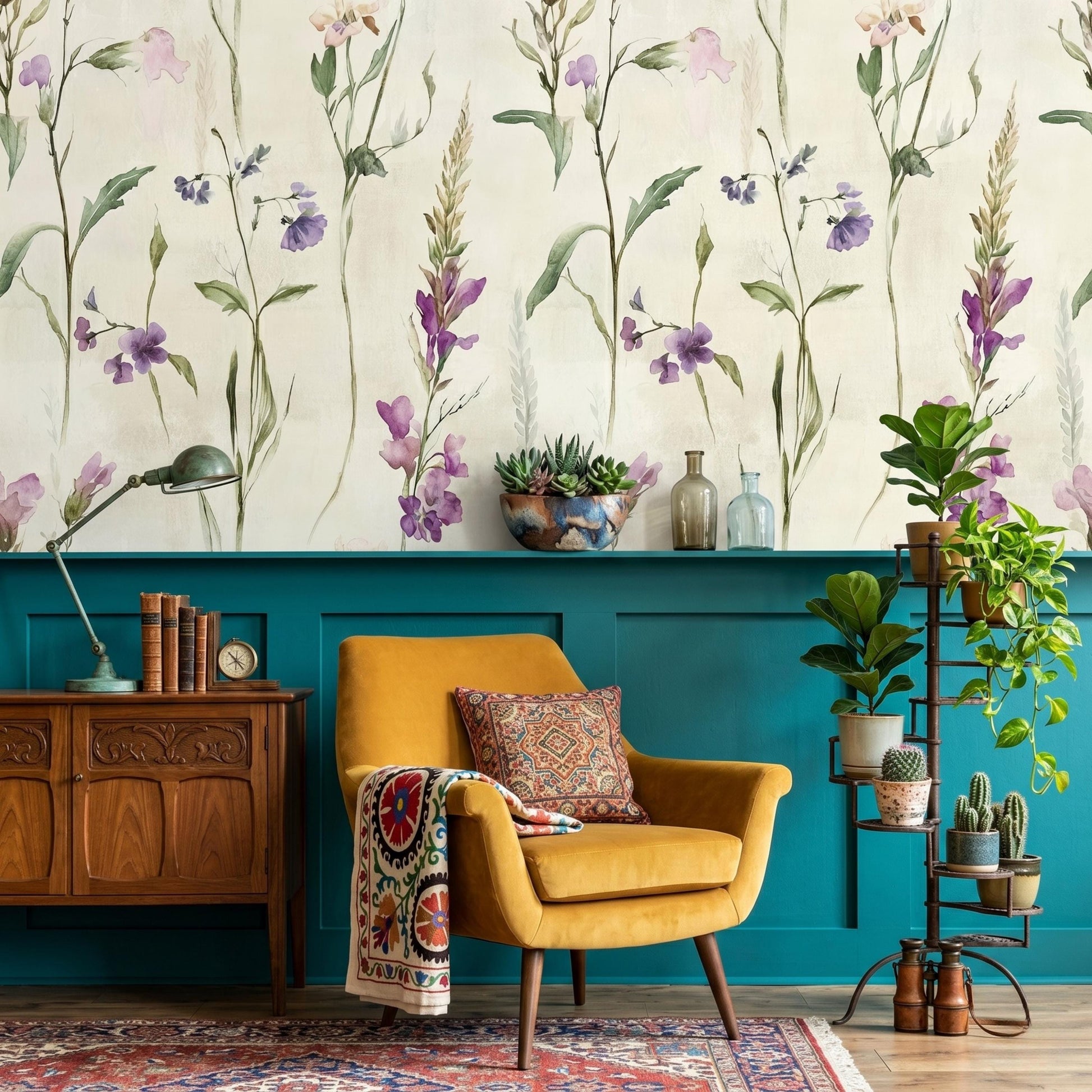 Watercolor Wildflower Peel and Stick Wallpaper, Purple Floral Wall Mural Removable-WP0150