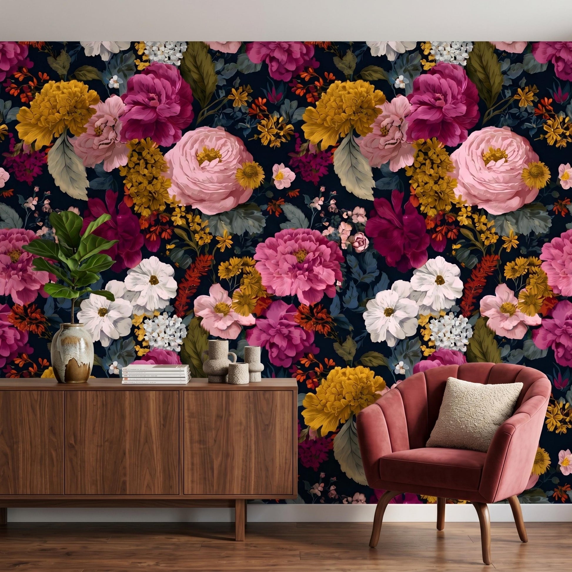 Dark Floral Wallpaper Peel and Stick, Moody Botanical Wall Mural, Vintage Peony Wallpaper, Dark Academia Decor, Removable Floral-WP0120