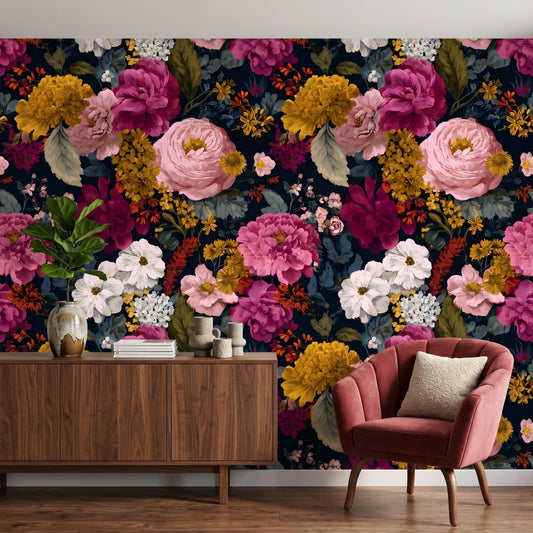 Dark Floral Wallpaper Peel and Stick, Moody Botanical Wall Mural, Vintage Peony Wallpaper, Dark Academia Decor, Removable Floral-WP0120