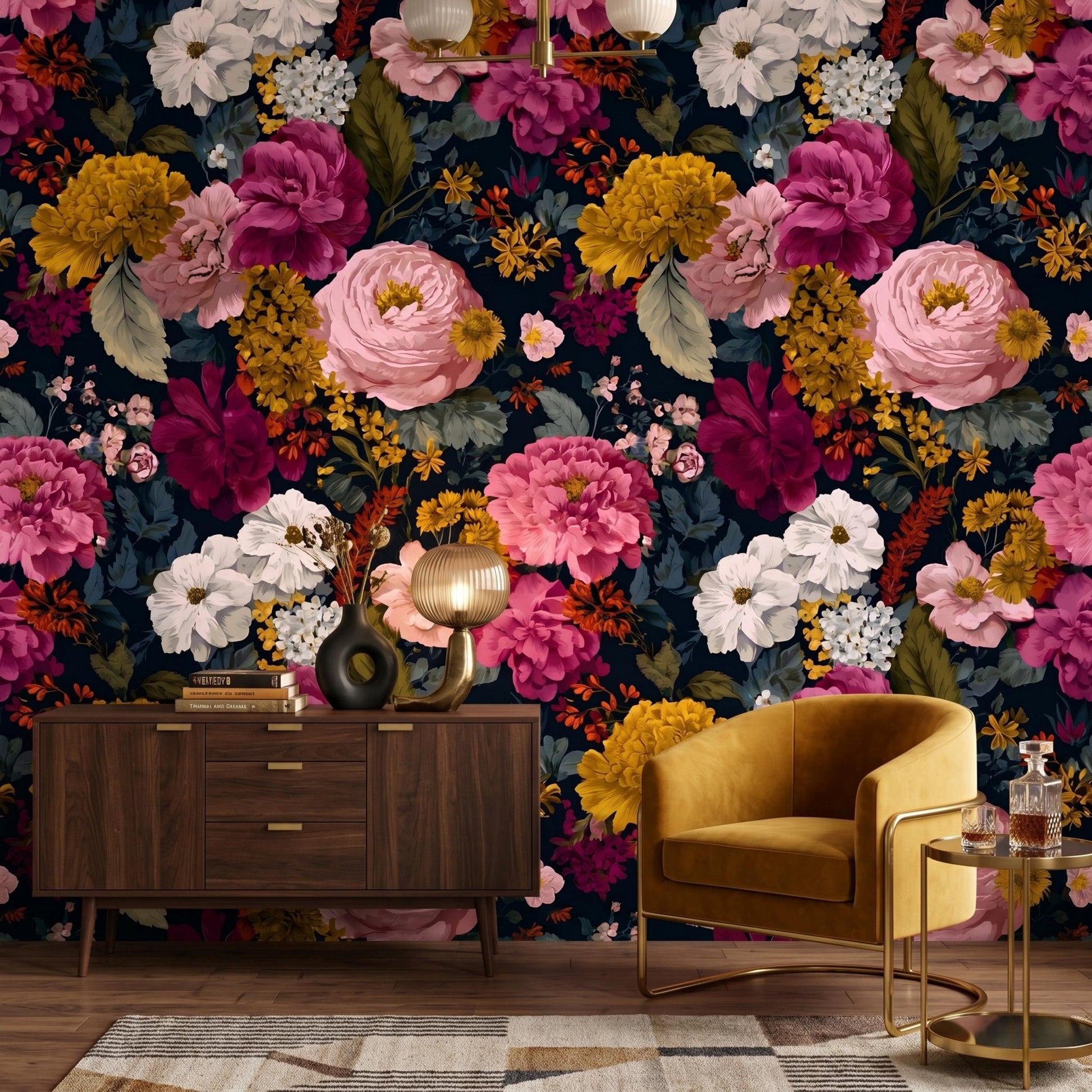 Dark Floral Wallpaper Peel and Stick, Moody Botanical Wall Mural, Vintage Peony Wallpaper, Dark Academia Decor, Removable Floral-WP0120