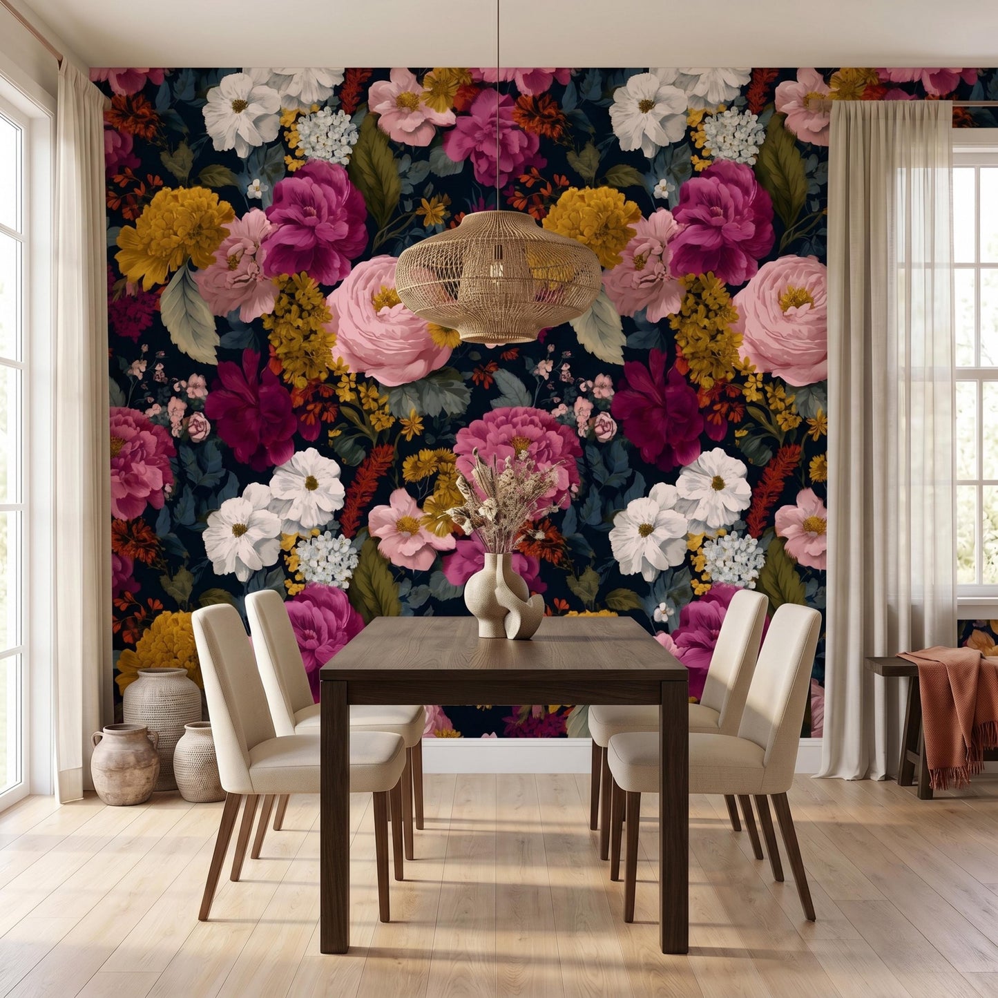 Dark Floral Wallpaper Peel and Stick, Moody Botanical Wall Mural, Vintage Peony Wallpaper, Dark Academia Decor, Removable Floral-WP0120