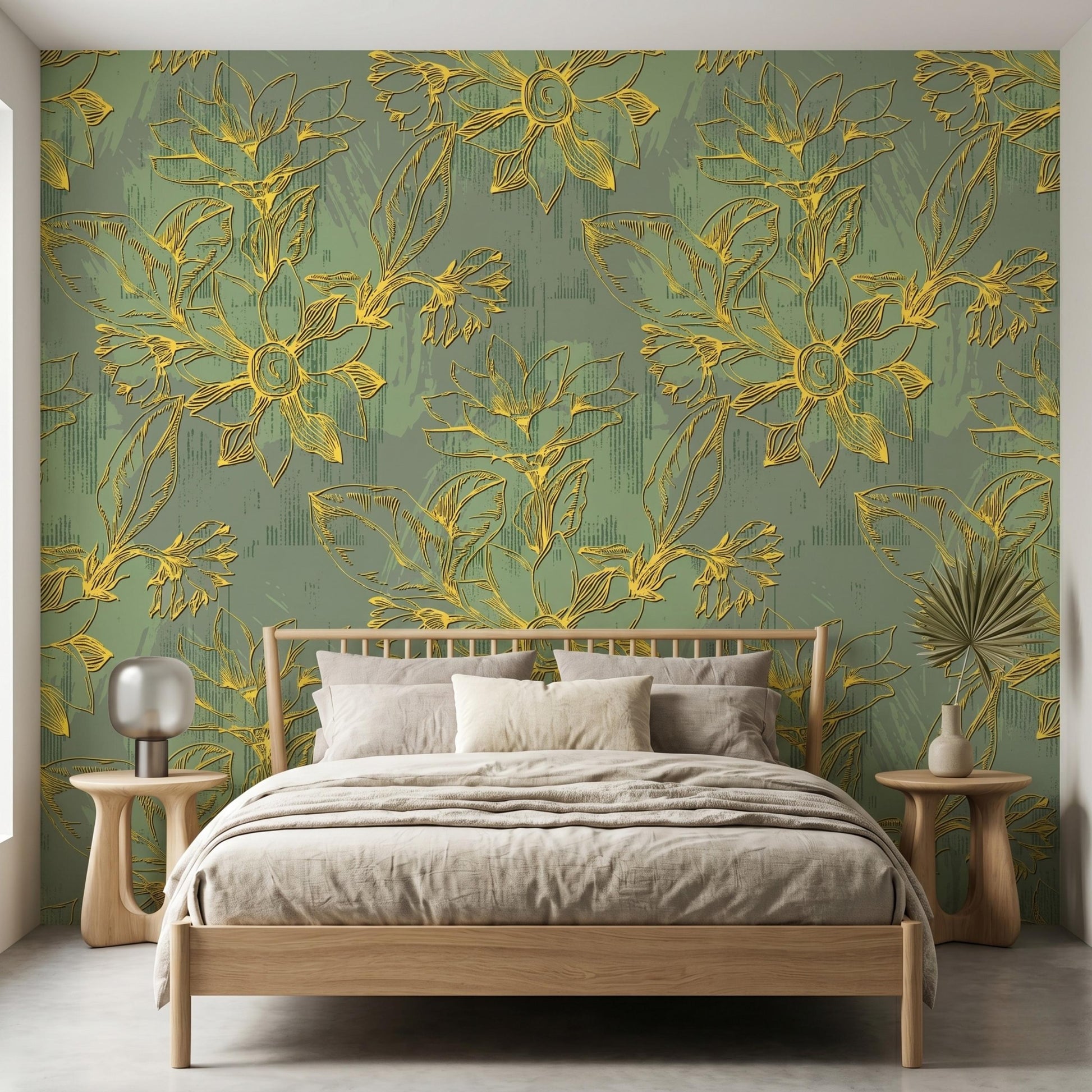 Gold Floral Sage Green Wallpaper Mural, Artistic Botanical Wall Decor, Modern Living Room Feature Wall, Embossed Look Floral DecalWP0121