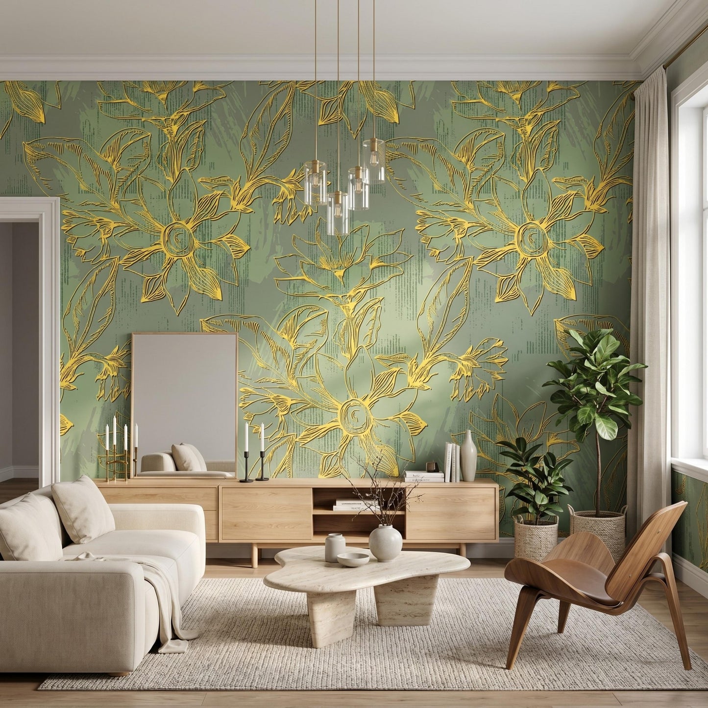 Gold Floral Sage Green Wallpaper Mural, Artistic Botanical Wall Decor, Modern Living Room Feature Wall, Embossed Look Floral DecalWP0121