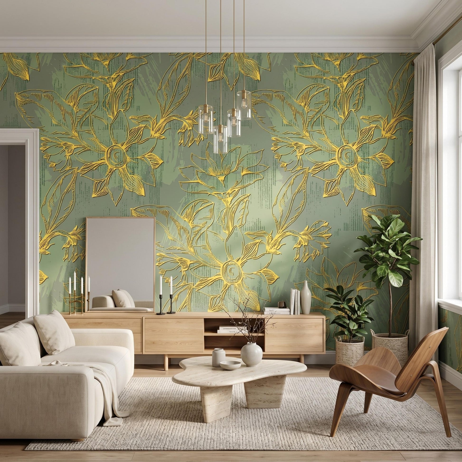 Gold Floral Sage Green Wallpaper Mural, Artistic Botanical Wall Decor, Modern Living Room Feature Wall, Embossed Look Floral DecalWP0121
