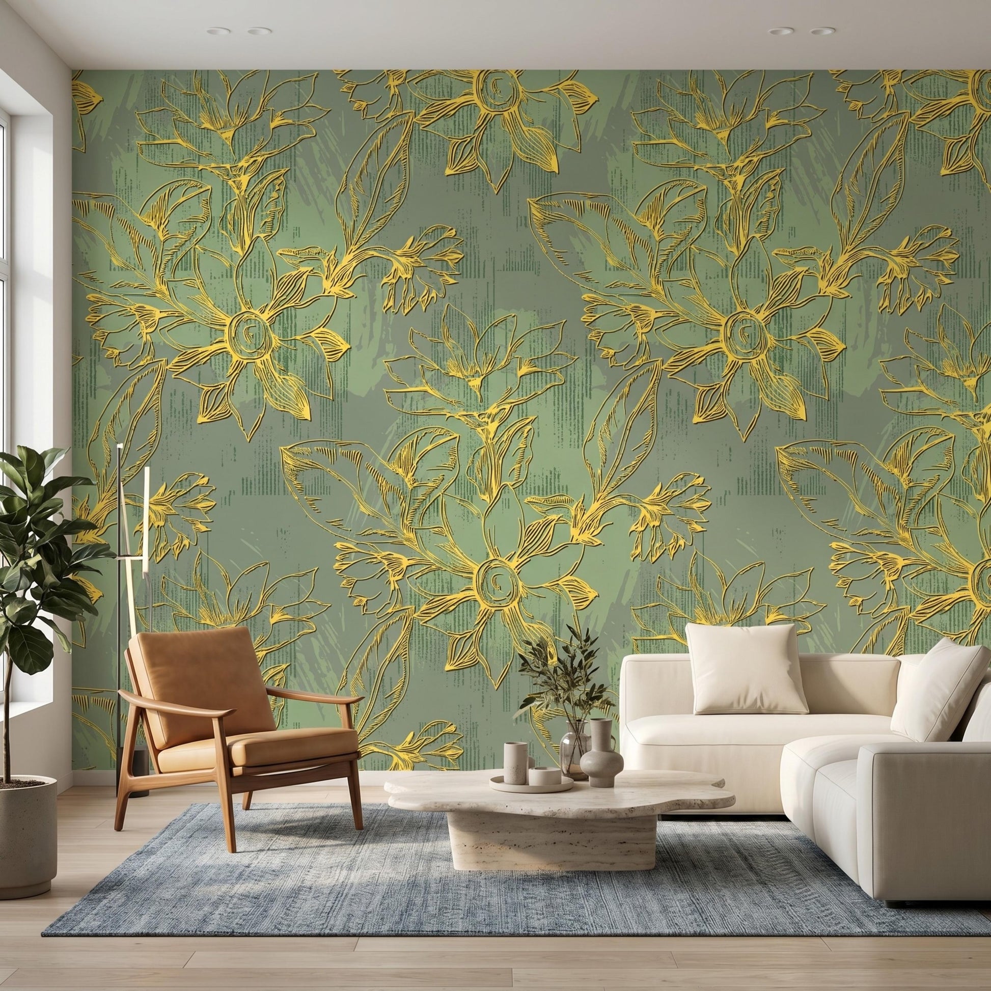 Gold Floral Sage Green Wallpaper Mural, Artistic Botanical Wall Decor, Modern Living Room Feature Wall, Embossed Look Floral DecalWP0121