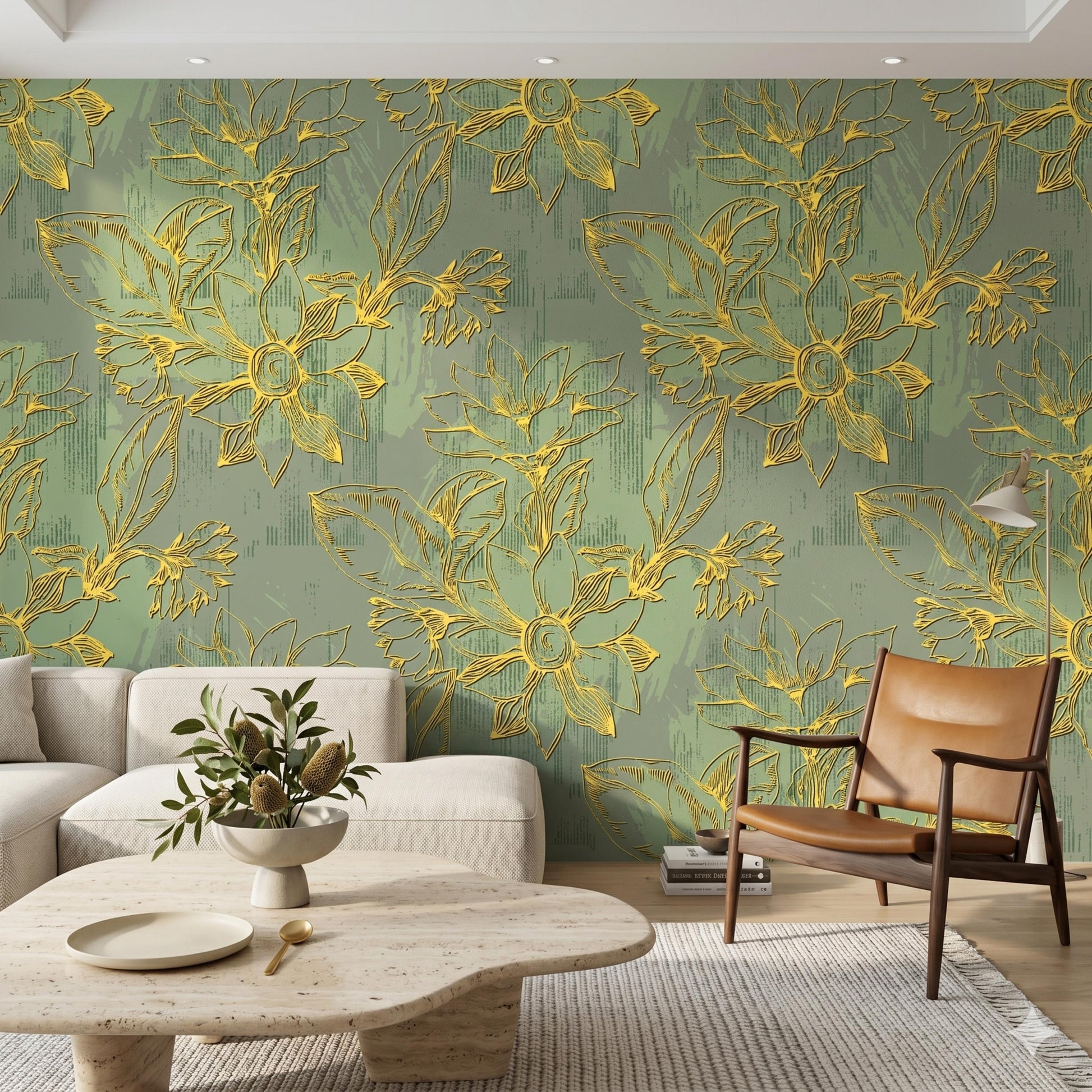 Gold Floral Sage Green Wallpaper Mural, Artistic Botanical Wall Decor, Modern Living Room Feature Wall, Embossed Look Floral DecalWP0121