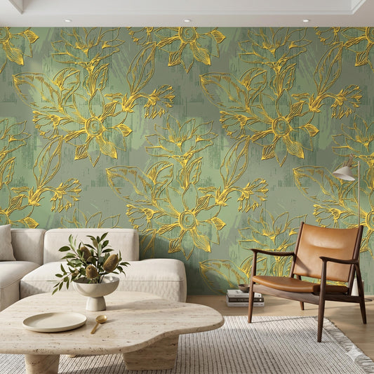 Gold Floral Sage Green Wallpaper Mural, Artistic Botanical Wall Decor, Modern Living Room Feature Wall, Embossed Look Floral DecalWP0121