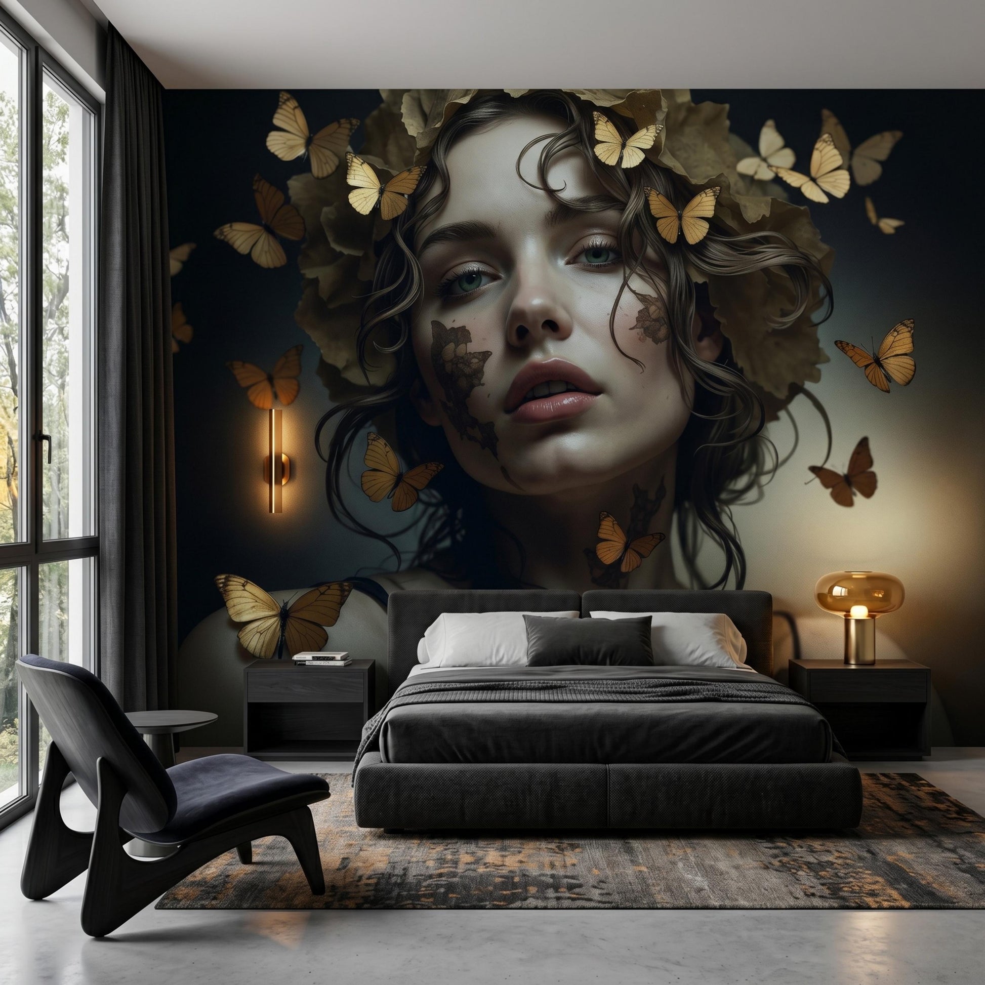 Butterfly Portrait Mural, Renaissance Woman, Dark Moody Wall Decor Peel and Stick Wallpaper-WP0122